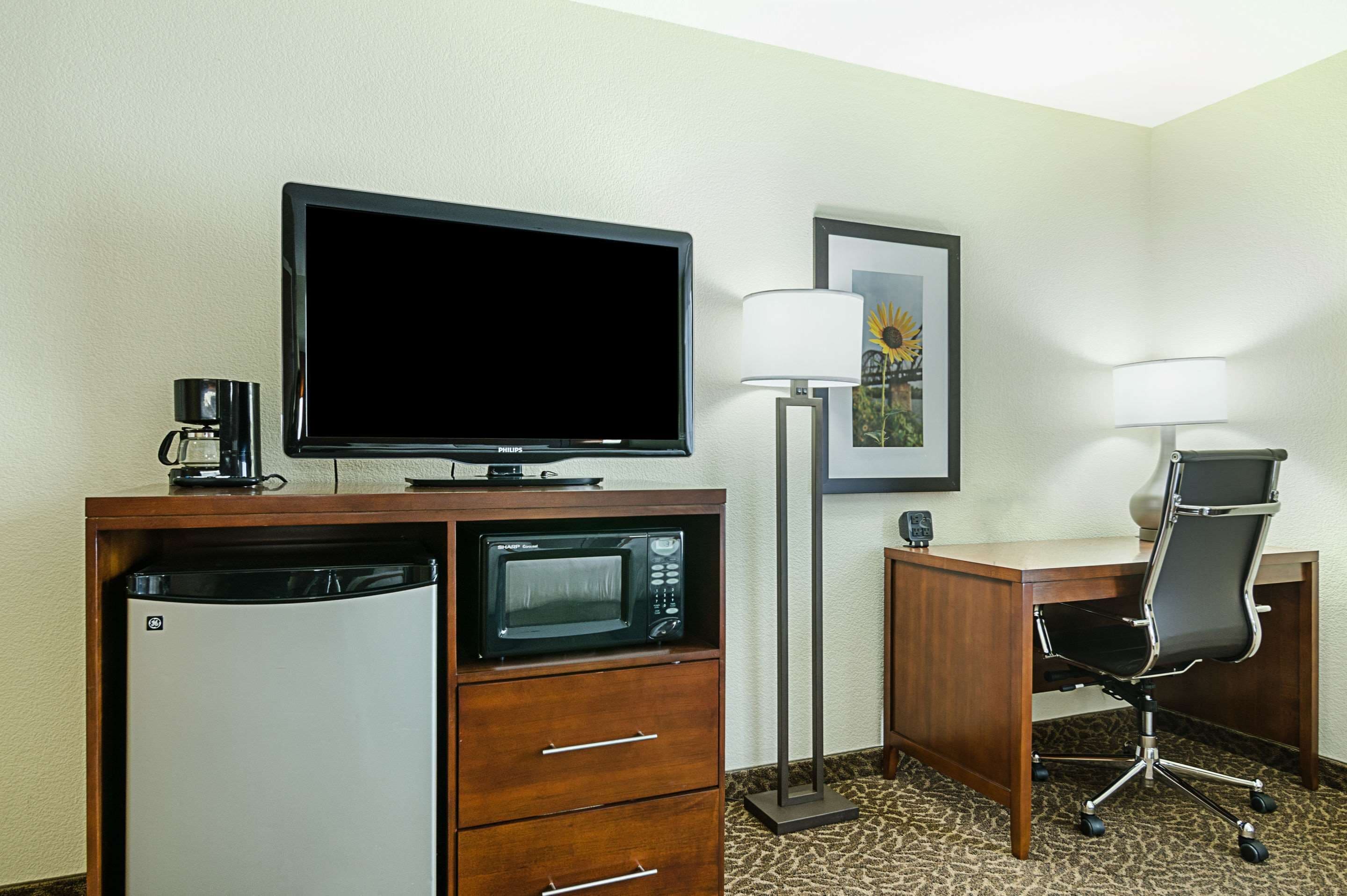 A hotel room with a flat-screen TV, a coffee maker, a microwave, a desk with a chair, and a floor lamp.