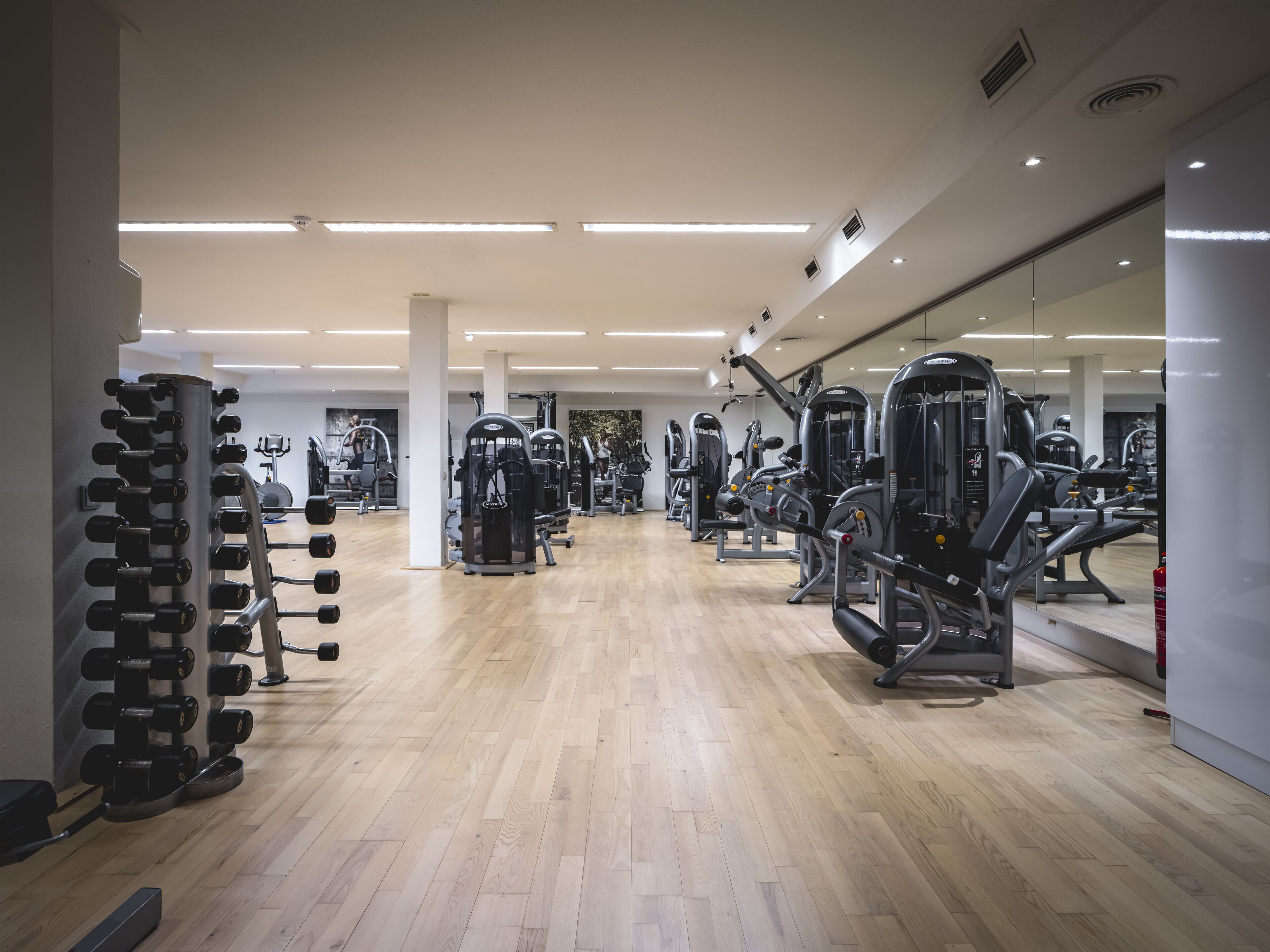 Une salle de sport équipée de divers appareils d’exercice, dotée d’un plancher en bois et d’un mur recouvert de miroirs.