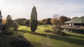 A courtyard with a tall tree, a building with a green roof, and a well-maintained lawn.