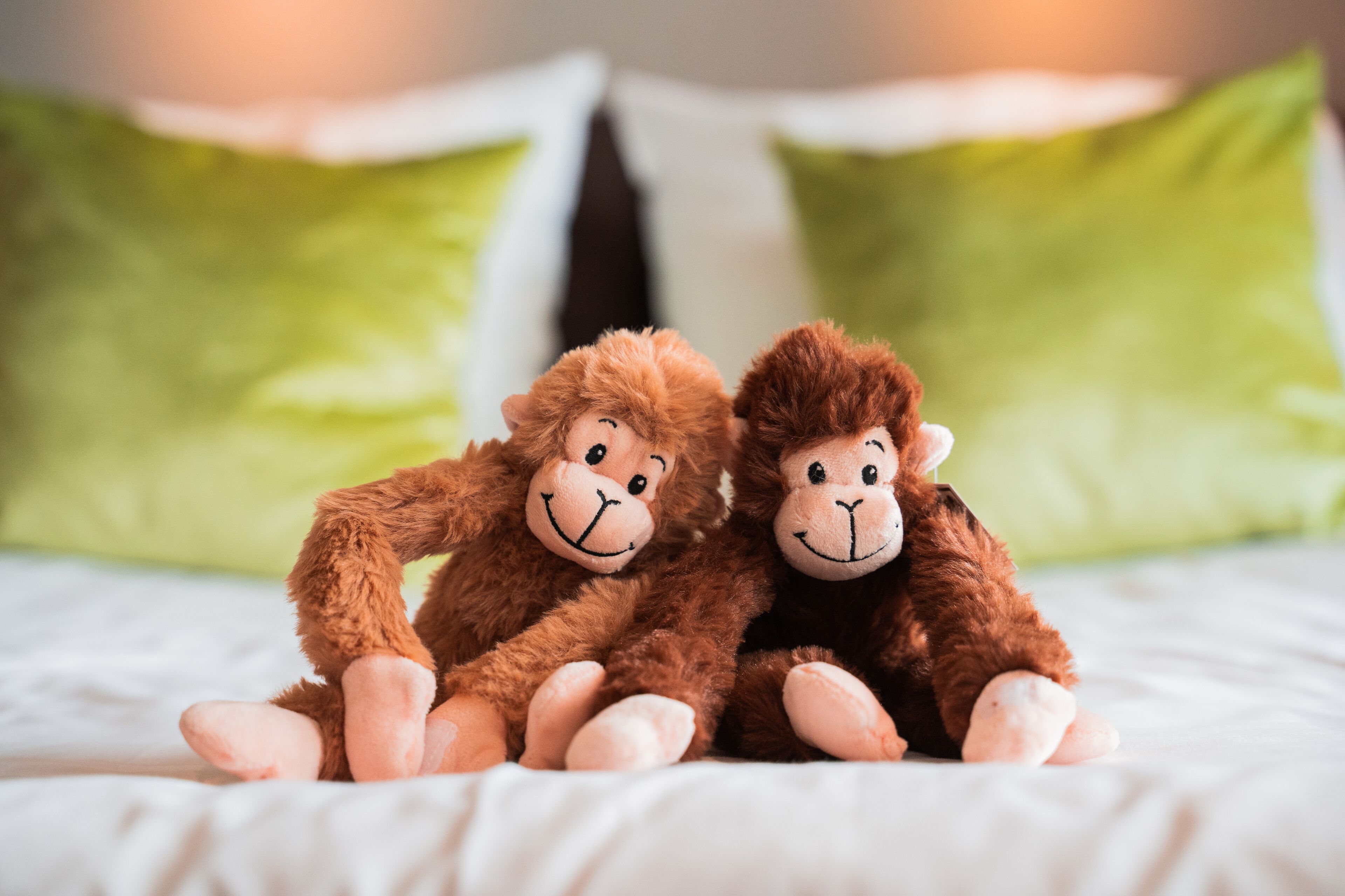 Two plush monkeys on a bed with green pillows.