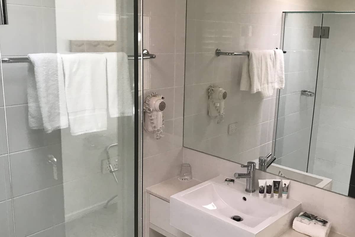 shower, eco-friendly toiletries, hair dryer, towels