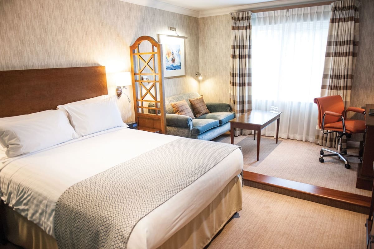 A hotel room with a large bed, a sofa, a desk, and a chair.
