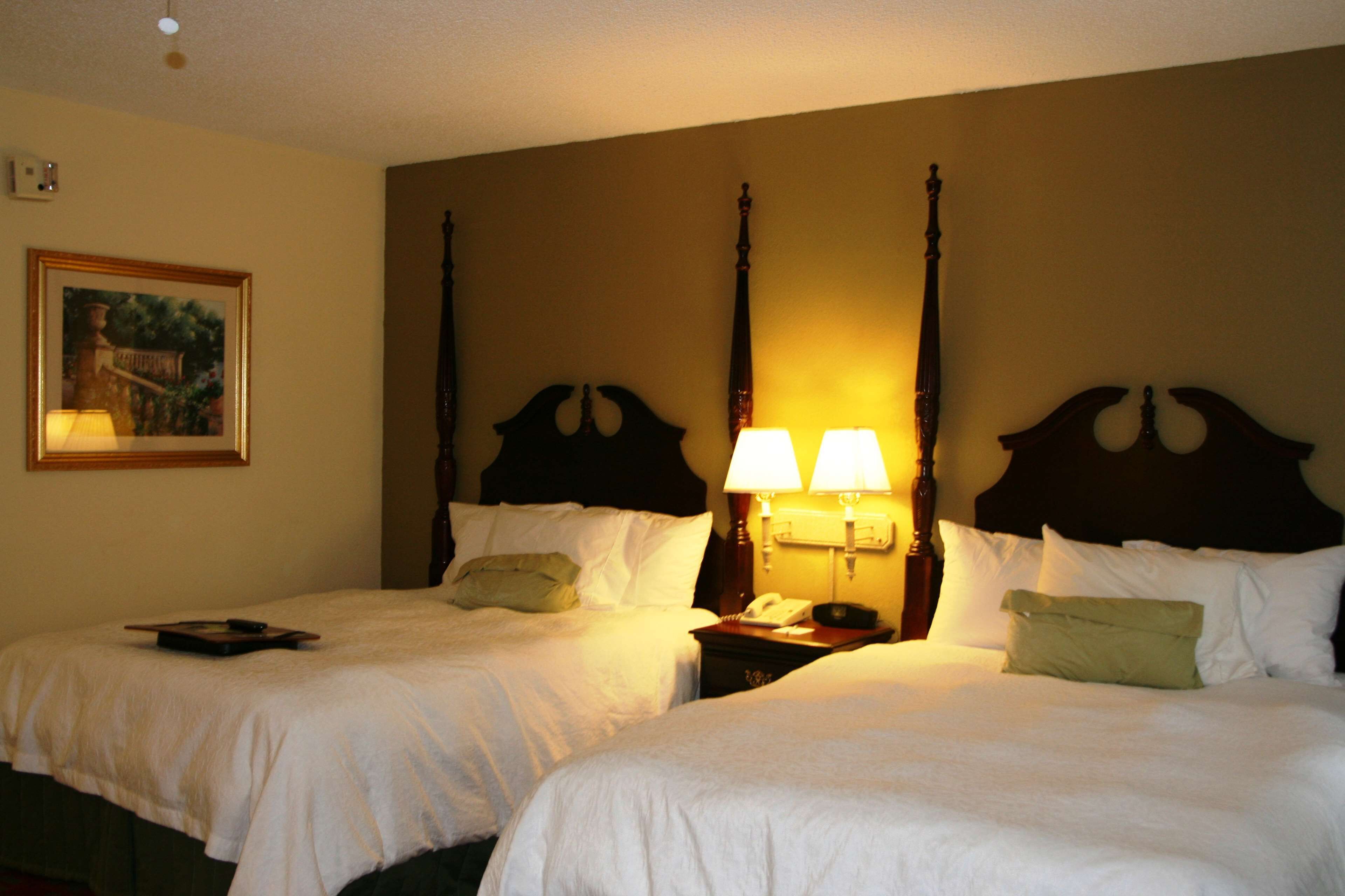 A hotel room with two beds, a nightstand with lamps, a framed picture on the wall, and a telephone on the nightstand.