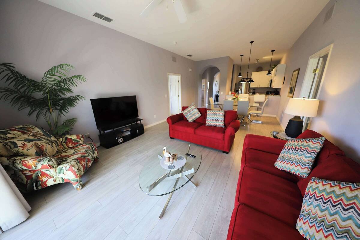 A living room with a sofa, a coffee table, a TV, and a plant.