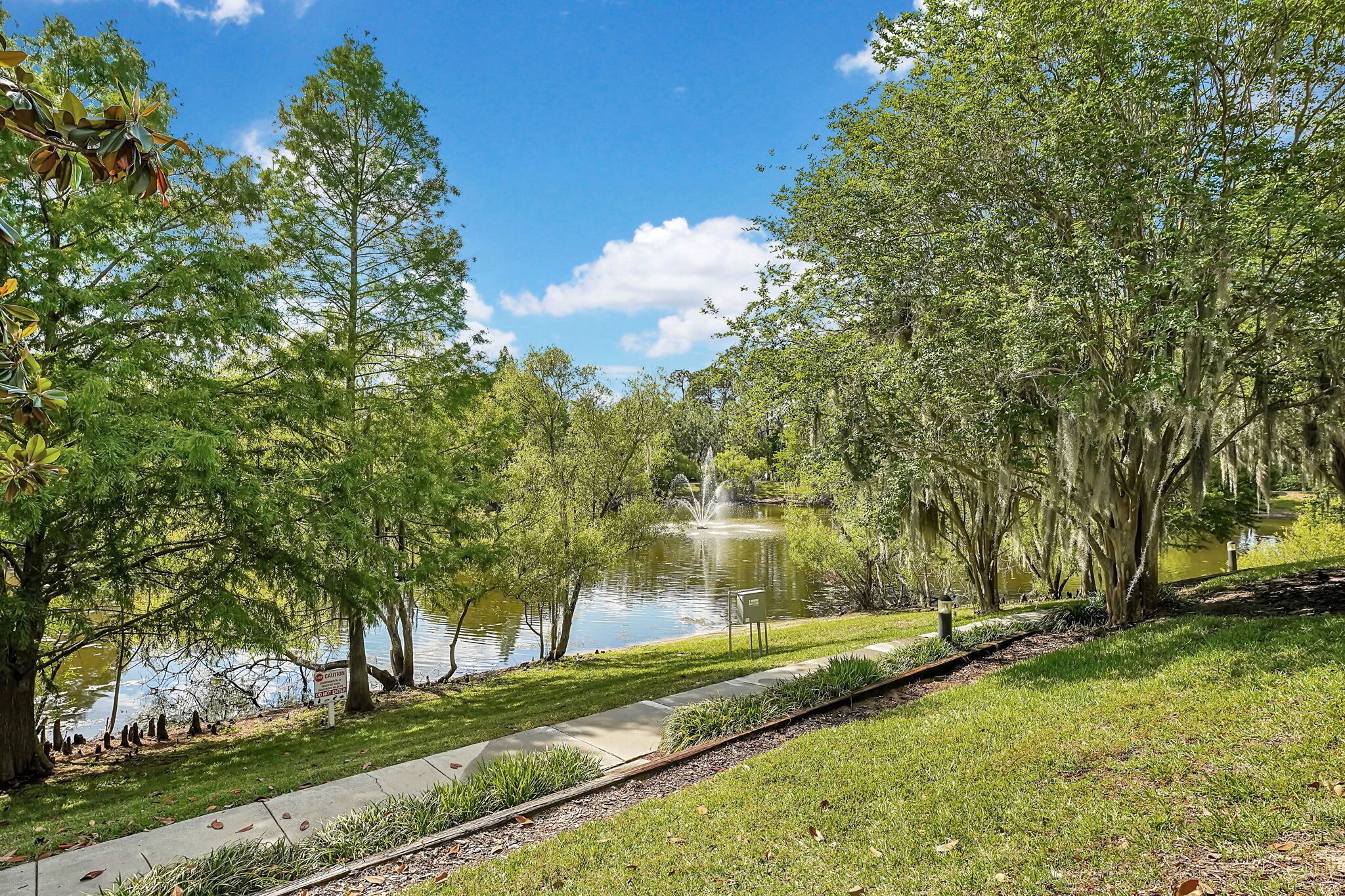 A park with a pond, trees, and a fountain.
