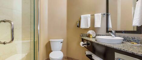 A modern bathroom with a glass shower enclosure, a white toilet, a sink with a granite countertop, and a mirror above the sink.