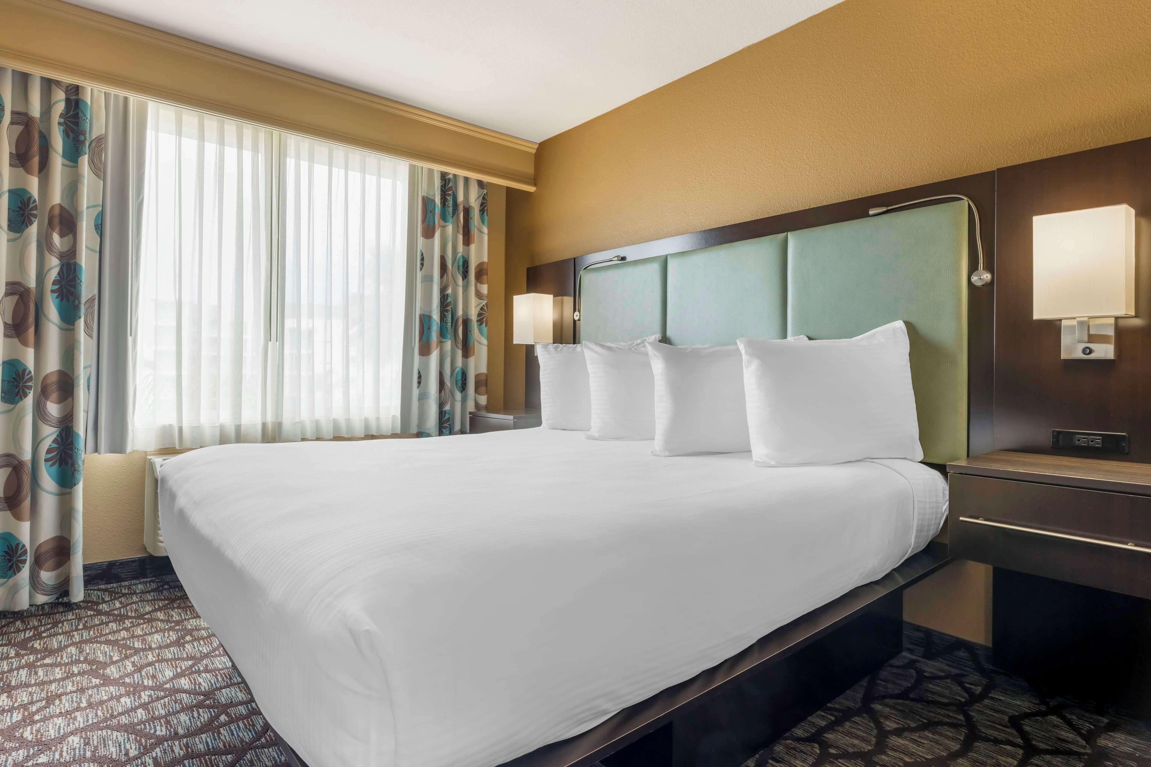 A hotel room with a large bed, a nightstand, a lamp, and a window with curtains.