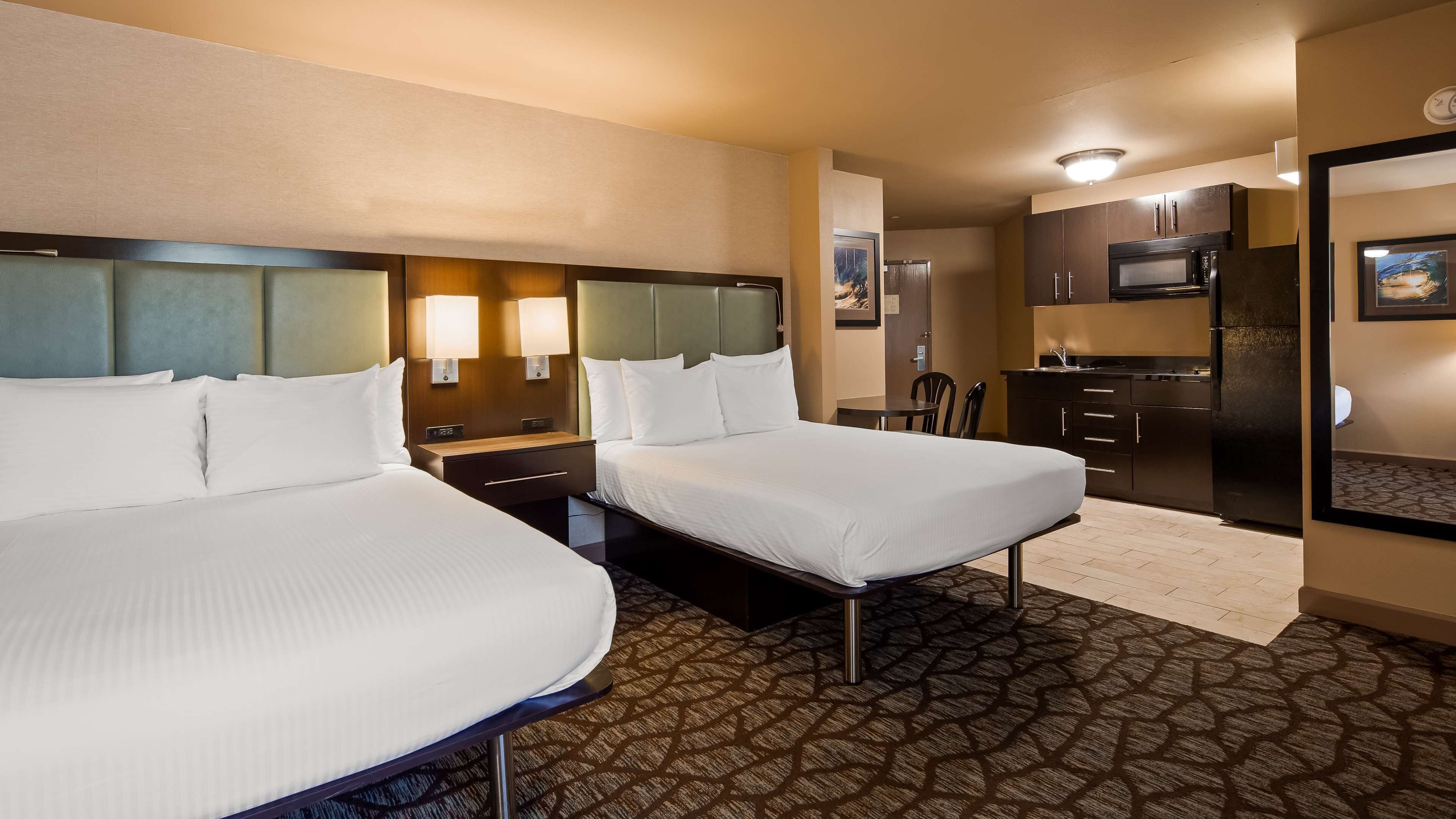 standard room, 2 queen beds, non smoking, kitchenette | desk, laptop workspace, blackout curtains, iron/ironing board