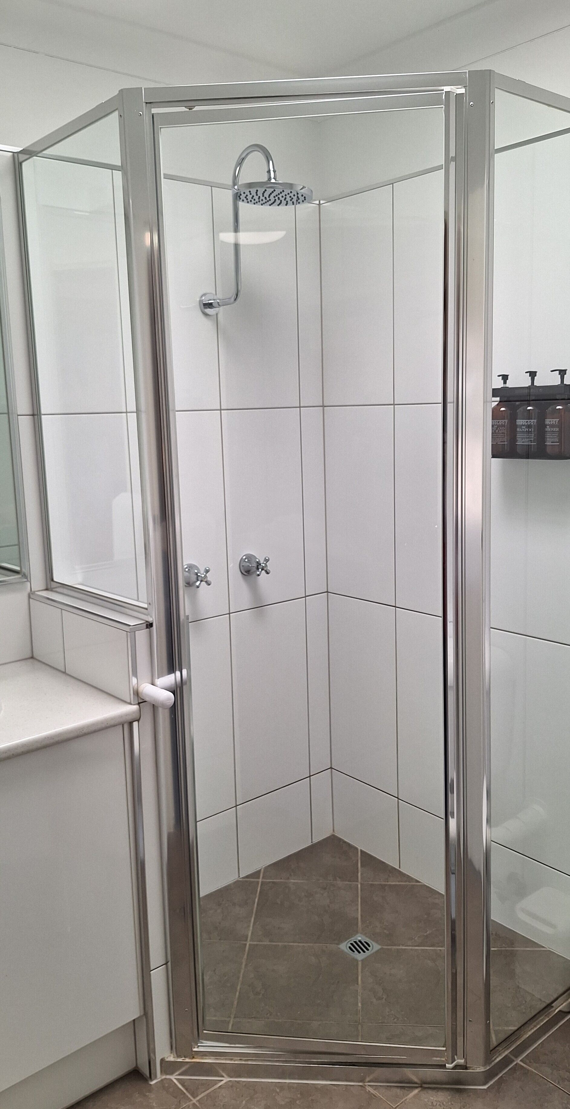 Une cabine de douche fermée par des parois en verre, dotée d’un pommeau de douche à main, d’un mur recouvert de carreaux blancs et d’une étagère contenant des articles de toilette.