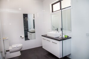 A modern bathroom with a white toilet, a glass shower enclosure, a white sink with a black countertop, and a large mirror above the sink. - Junction Motel, Maryborough (Maryborough)