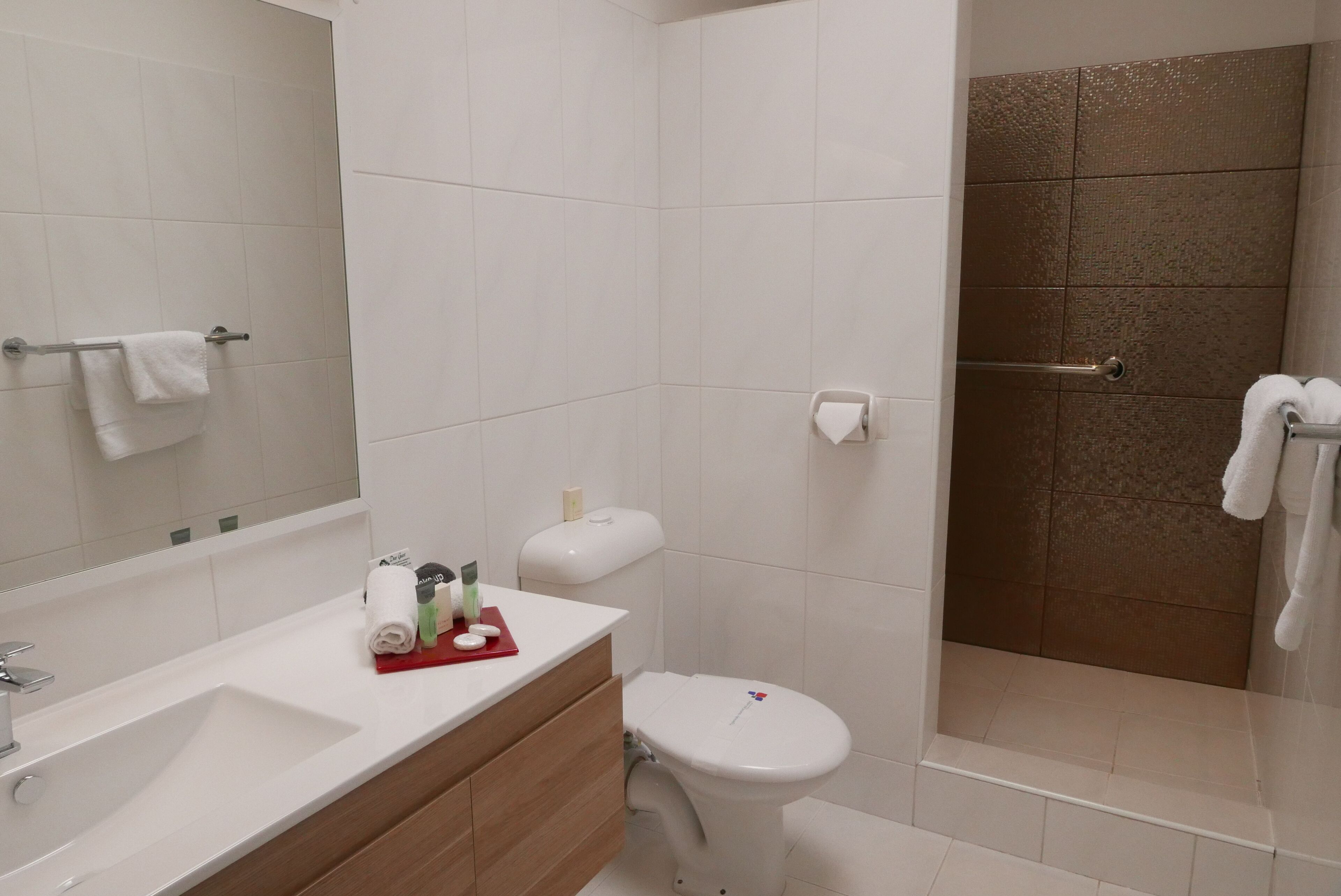 Et badeværelse med en hvid vask, toilet og bruseområde.