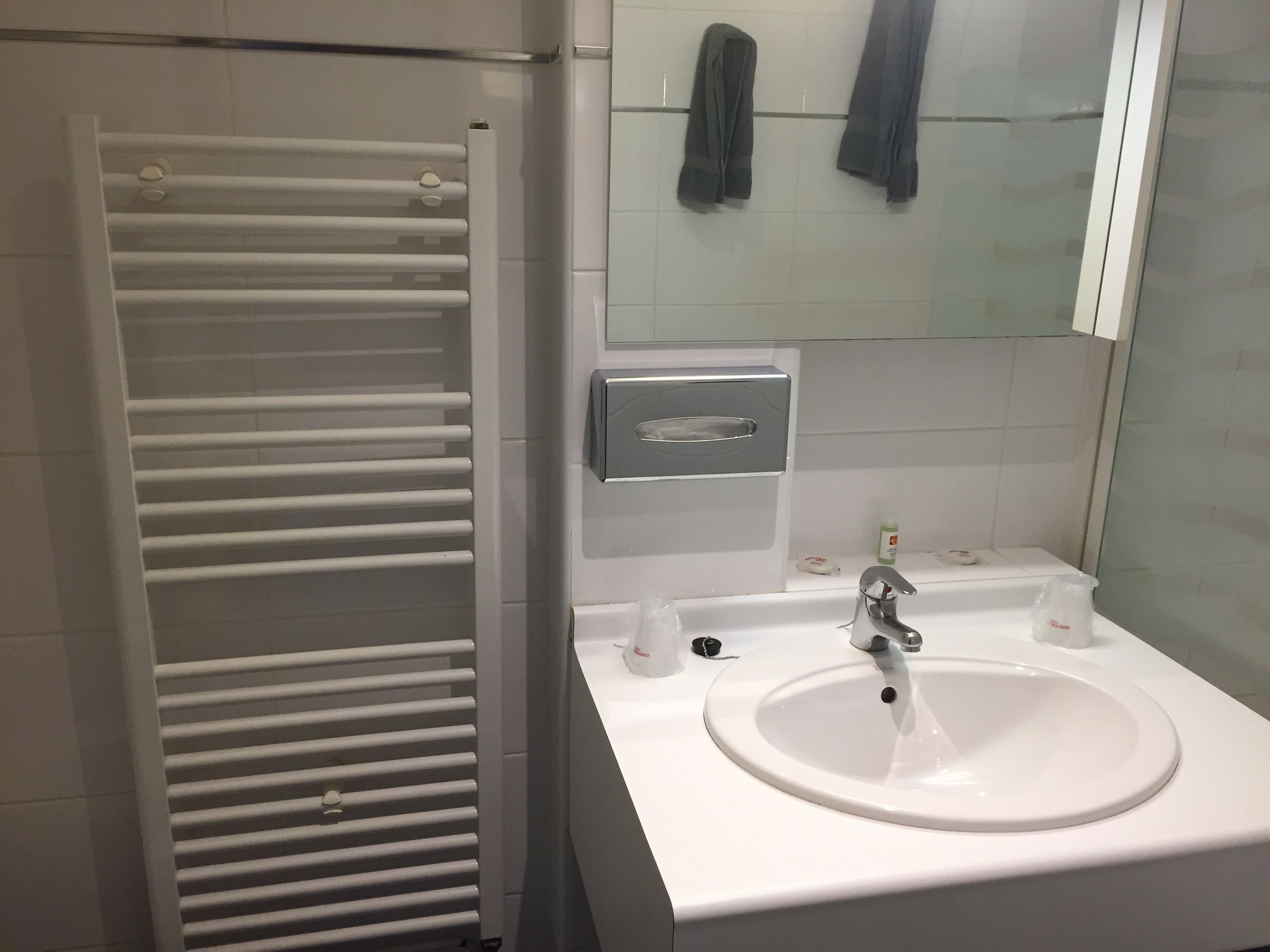 A modern bathroom with a white sink, a mirror, and a towel rack.
