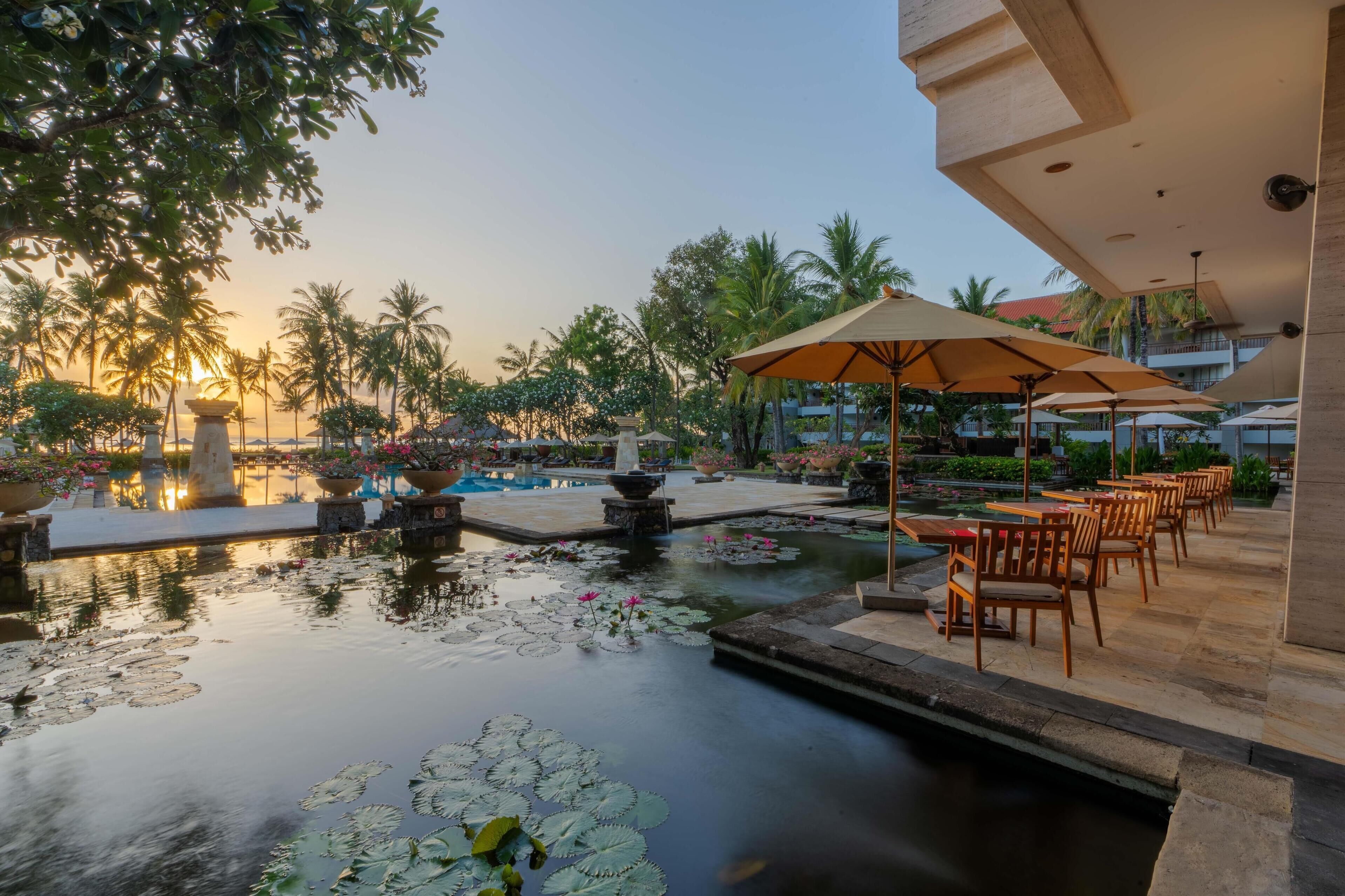 A serene outdoor pool area with lotus flowers, wooden chairs, and umbrellas, surrounded by lush greenery and palm trees.