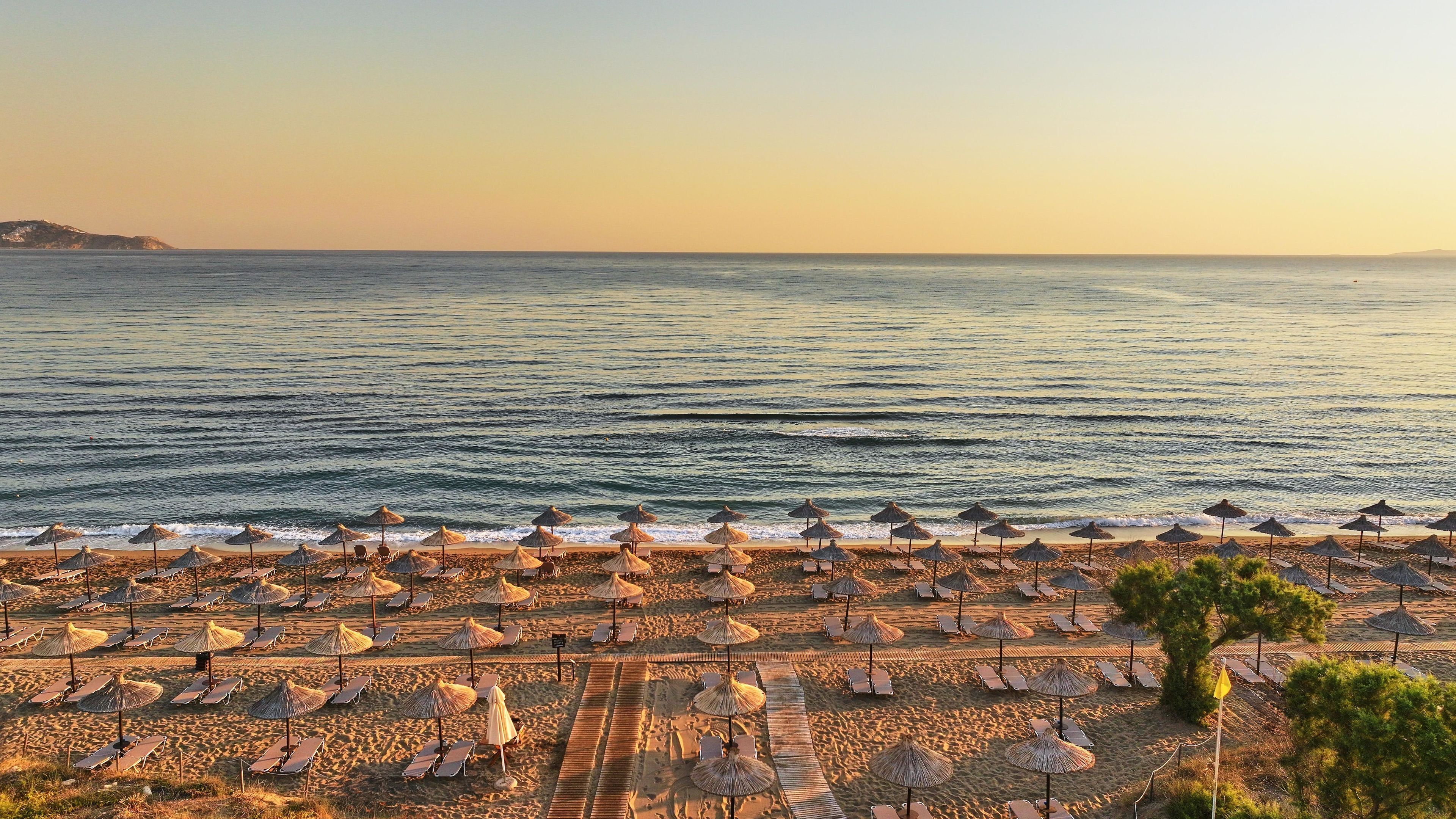 A beach with rows of sun loungers and thatched umbrellas, a wooden walkway, and a view of the sea.