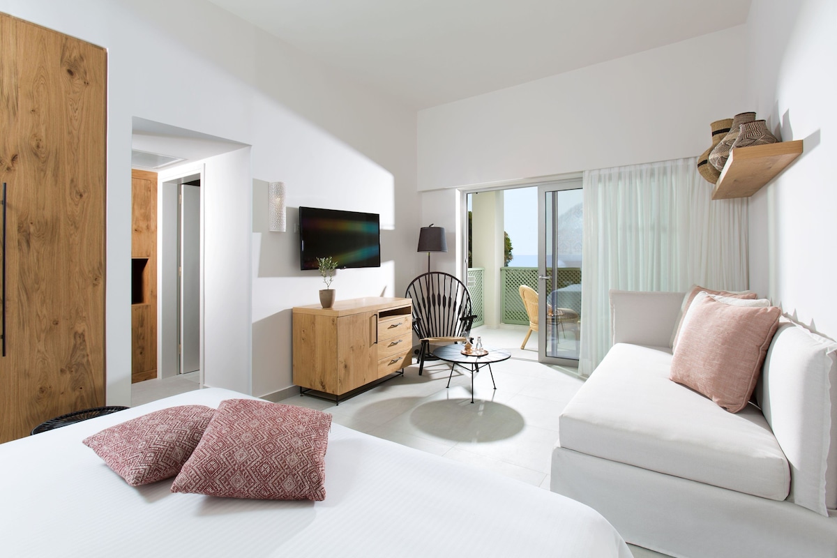 A modern hotel room with a bed, a sofa, a wooden cabinet, a TV, and a view of the outdoors.