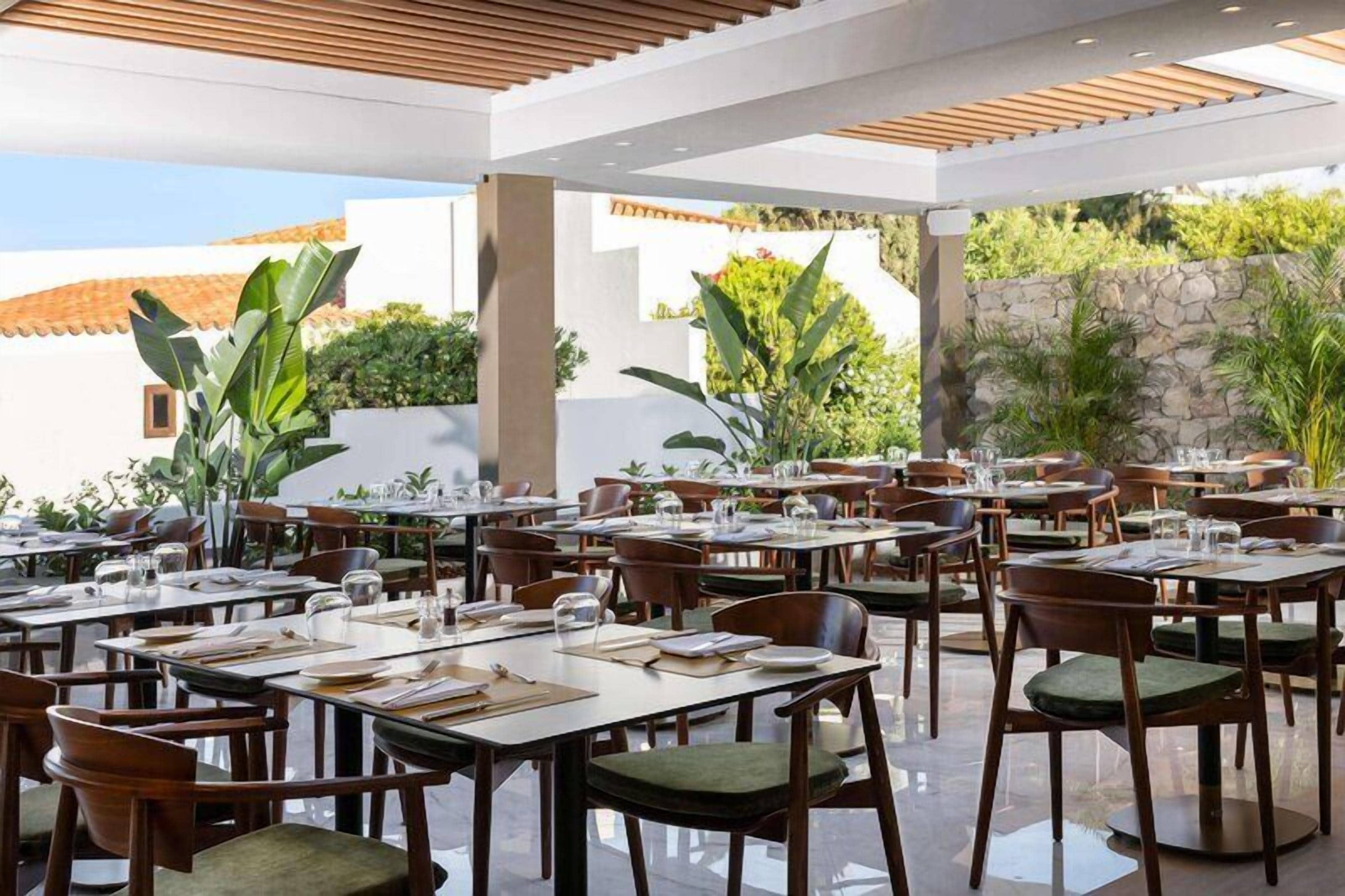 Un área de comedor al aire libre con varias mesas y sillas, rodeada de plantas y un muro de piedra.