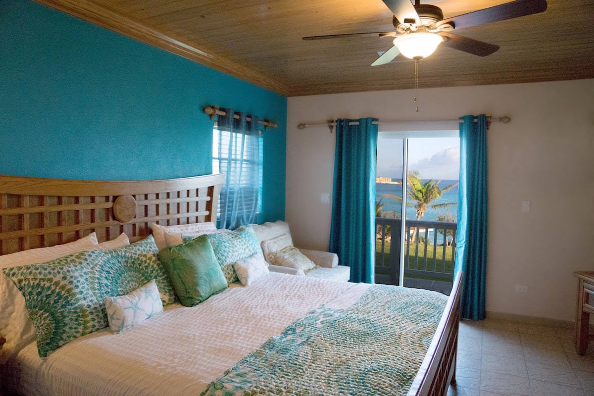 Un dormitorio con cama, ventilador de techo y vista al exterior.