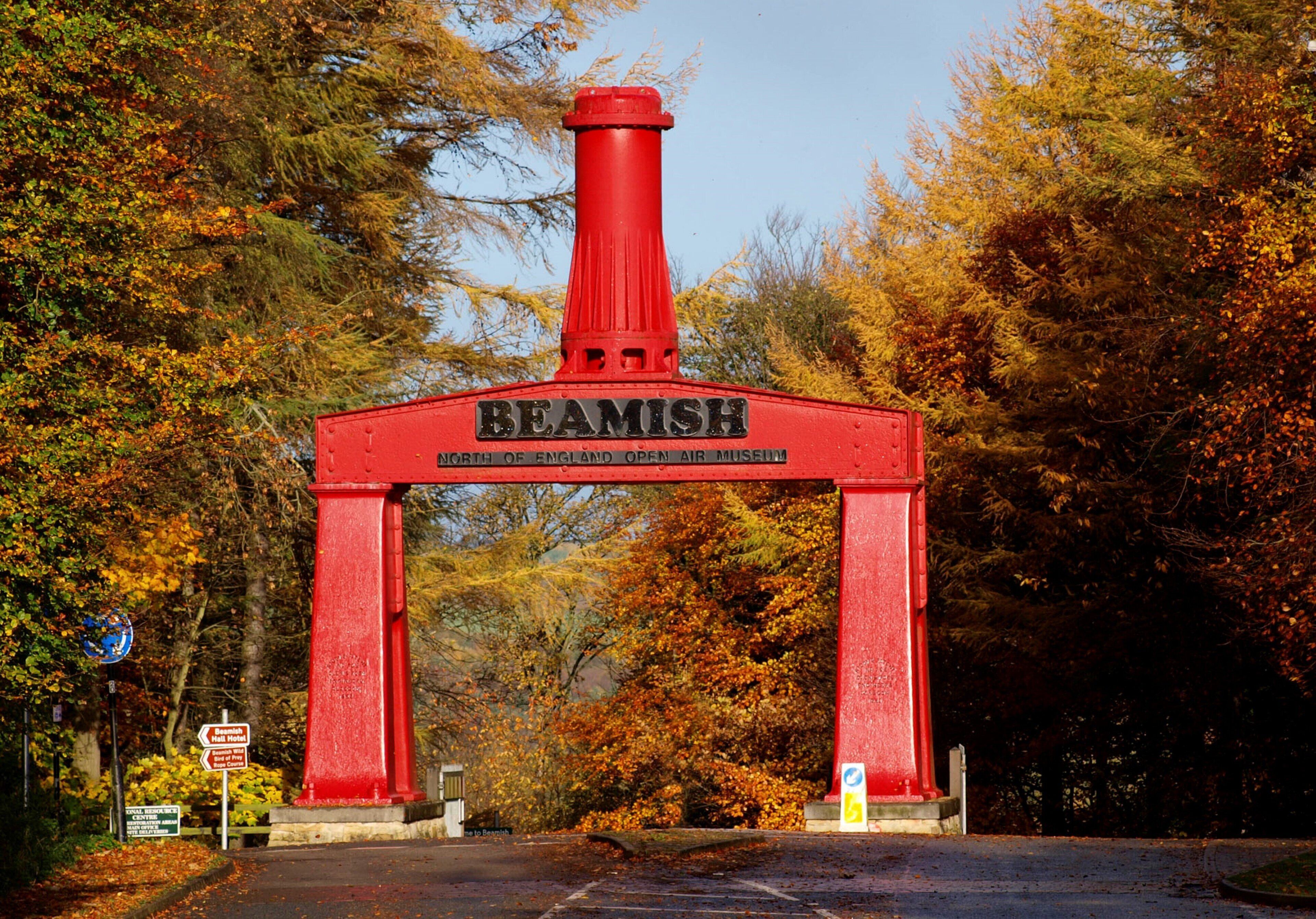 A red archway with the word "BEAMISH" and "North of England Open Air Museum" written on it.