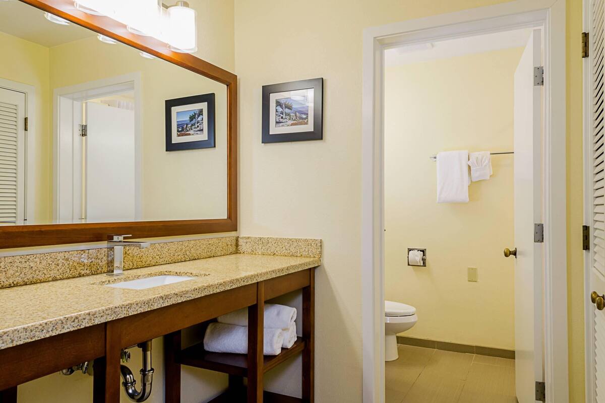 A bathroom with a granite countertop sink, a wooden vanity, a large mirror, and two framed pictures on the wall.