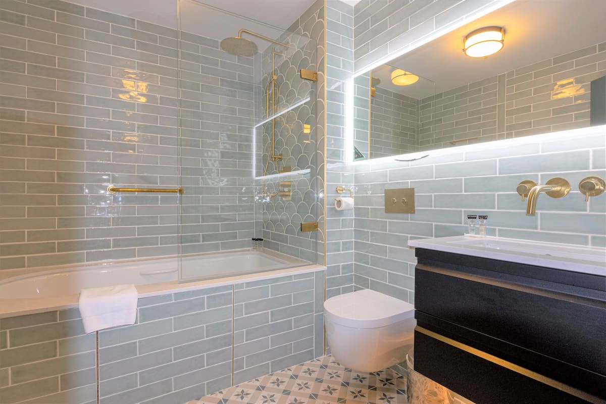 combined shower/bathtub, free toiletries, hair dryer, towels