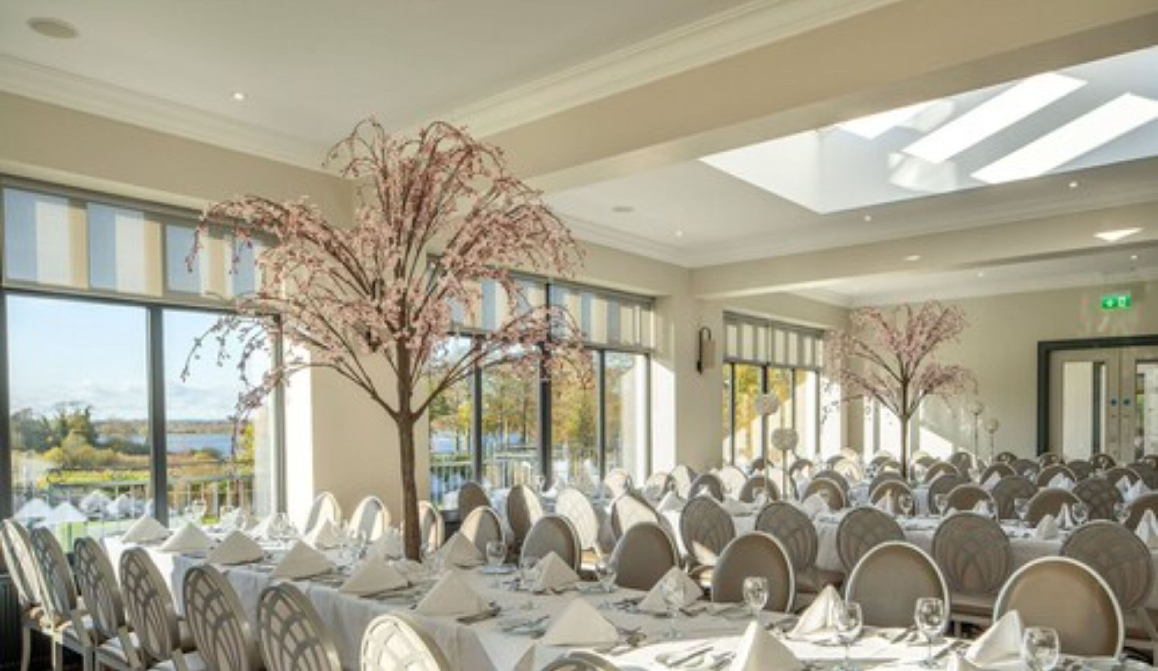 A banquet hall with round tables set for dining, large windows, and decorative trees.