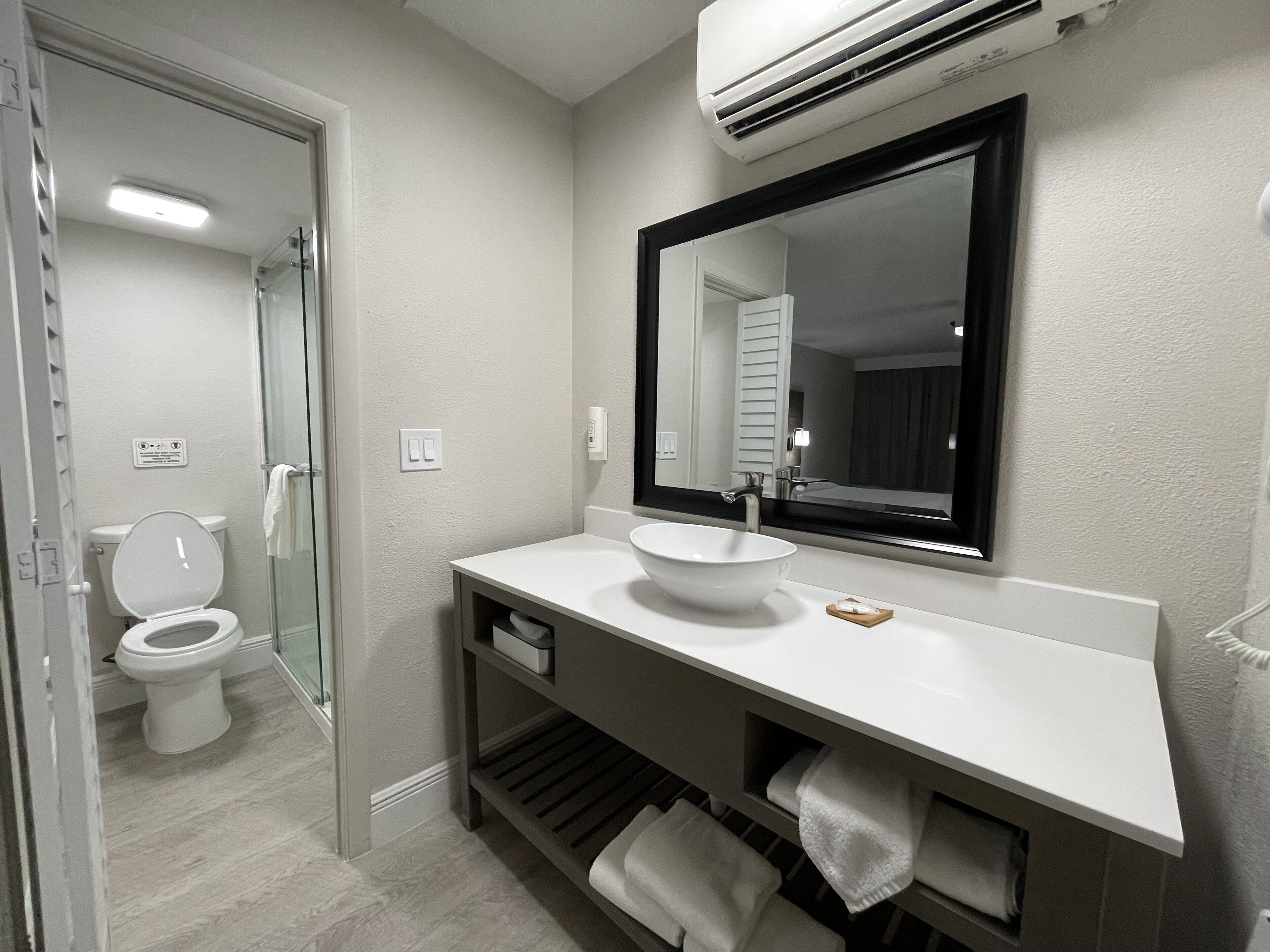 Hair dryer, towels, soap, shampoo