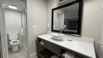 Hair dryer, towels, soap, shampoo