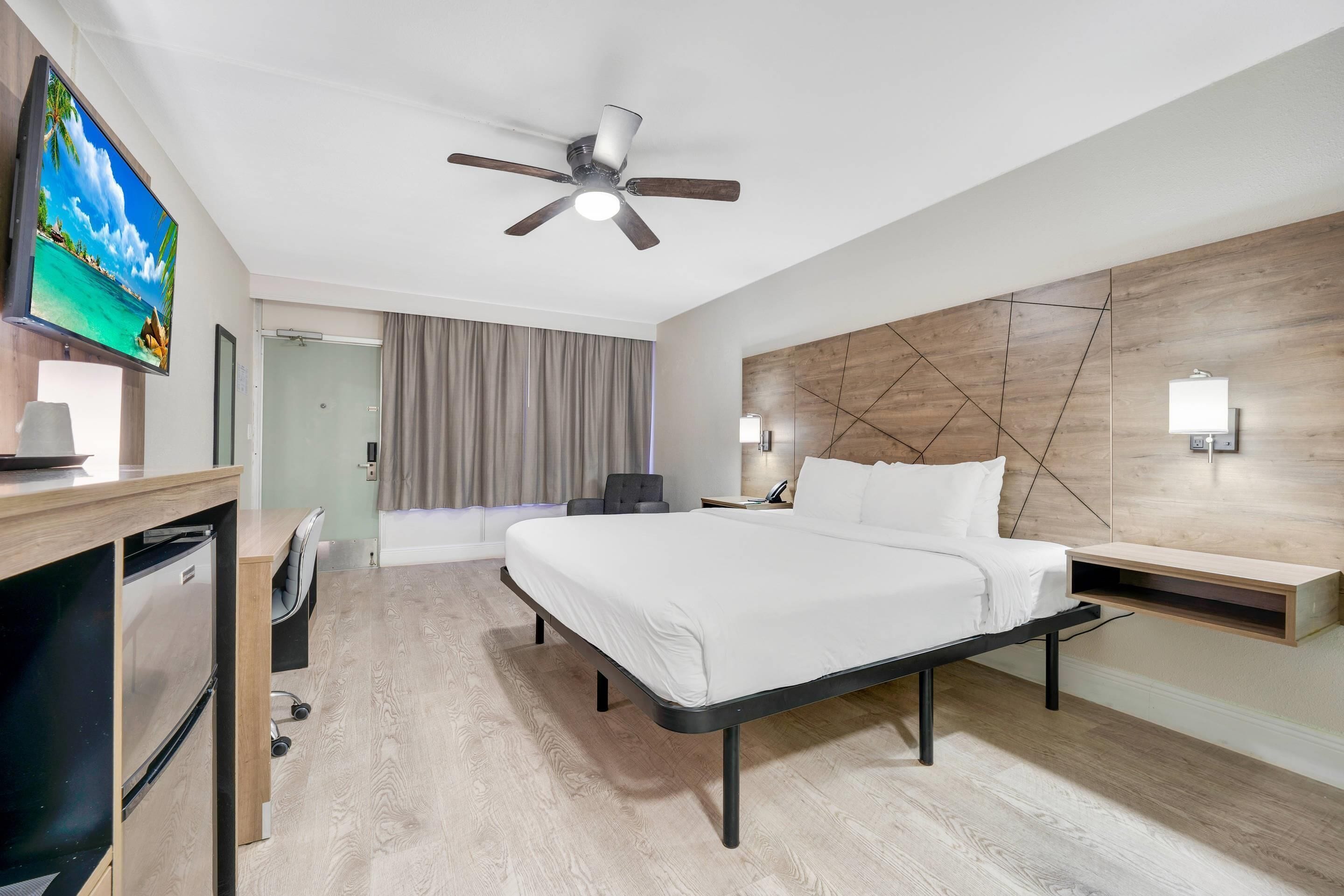 Habitación de hotel con cama, mesitas de noche, televisor, escritorio, silla, ventilador de techo y zona de ducha.