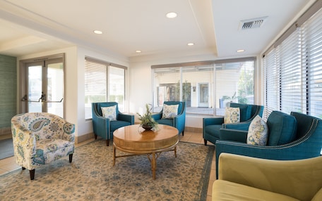 A spacious living room with a round wooden coffee table, two blue armchairs, and a patterned armchair.