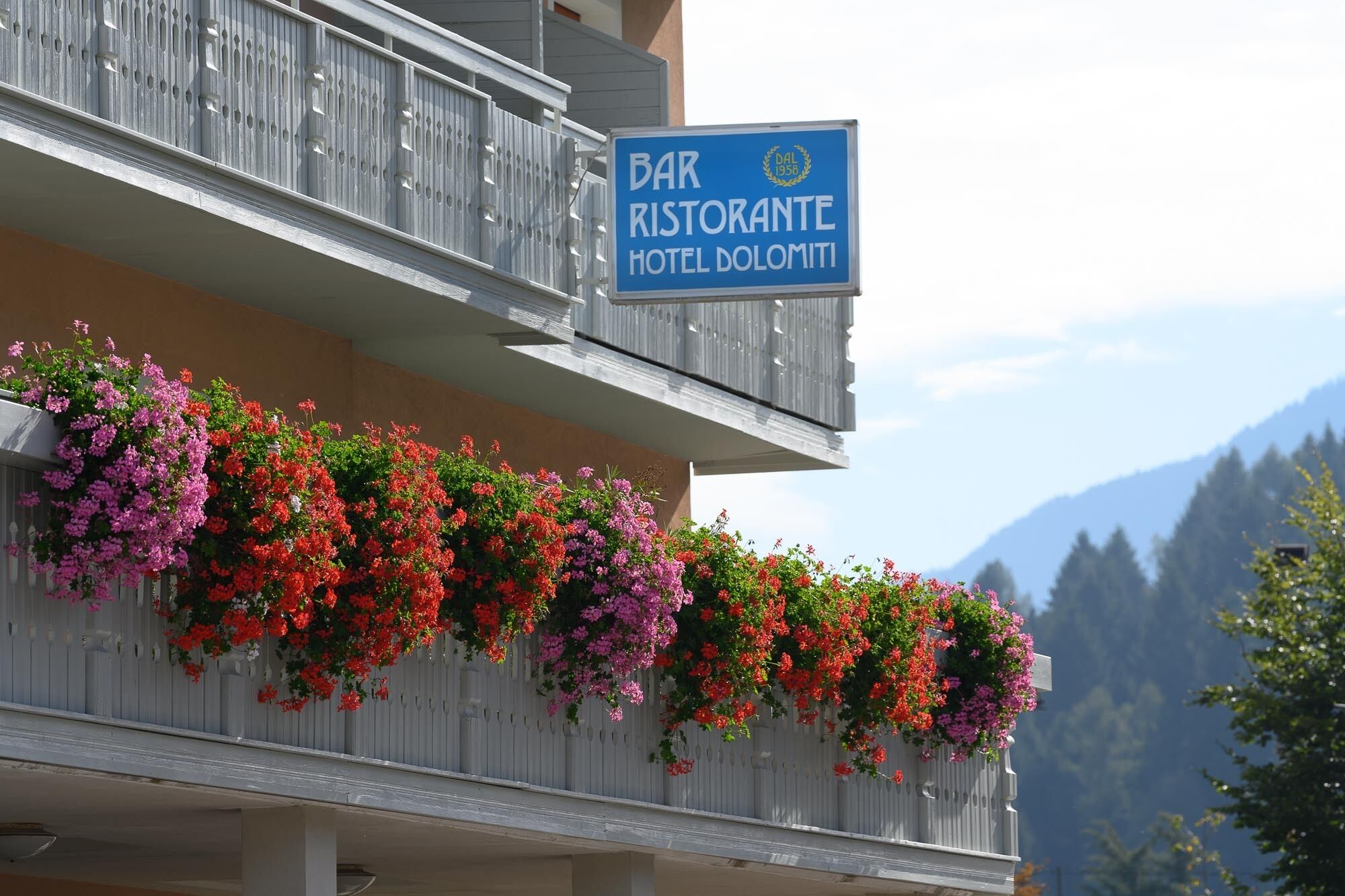 Un balcón de hotel con un cartel que dice 'BAR RISTORANTE HOTEL DOLOMITI' y jardineras con flores rojas y rosas.