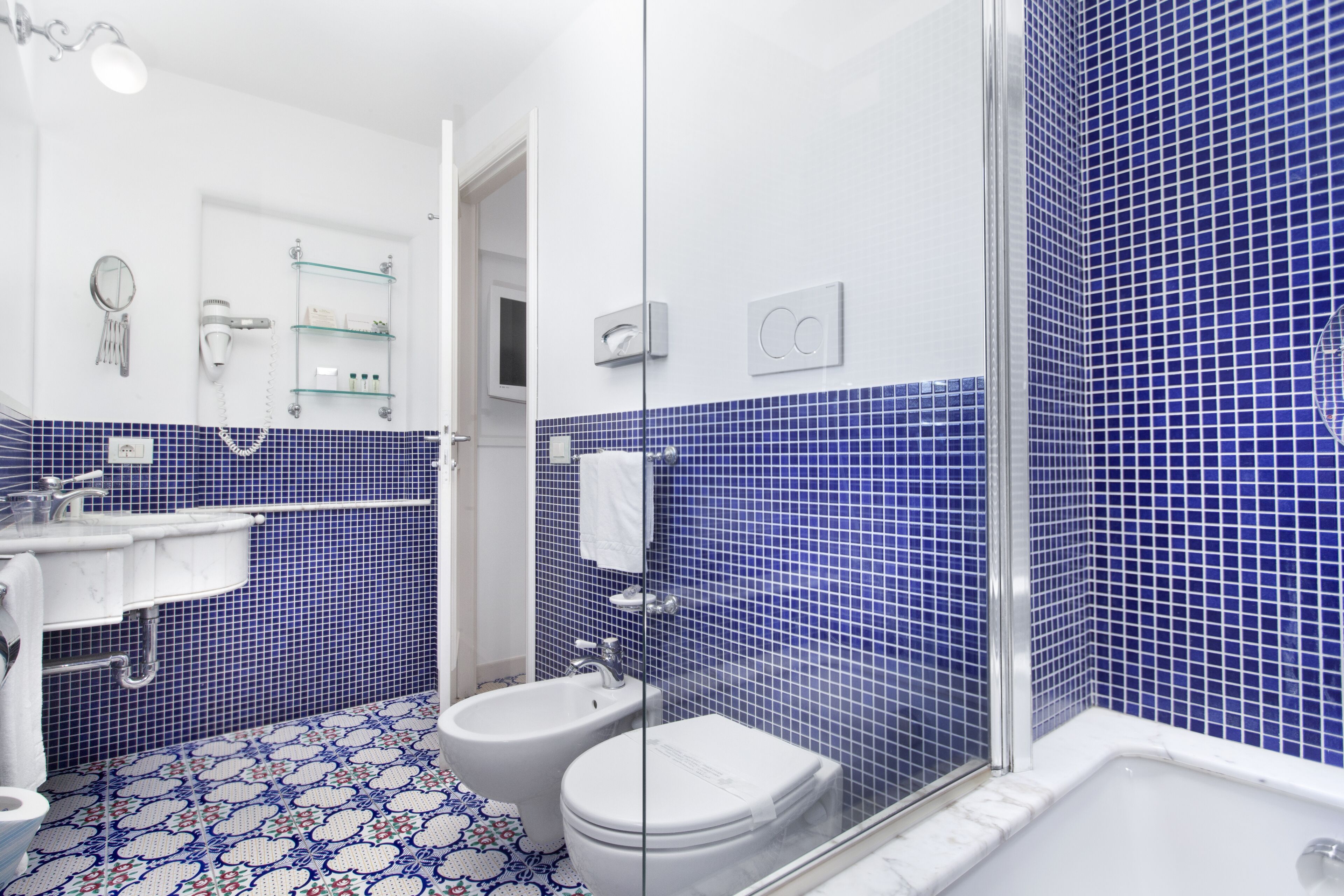 exclusive double room, terrace, city view | bathroom | designer toiletries, hair dryer, slippers, bidet