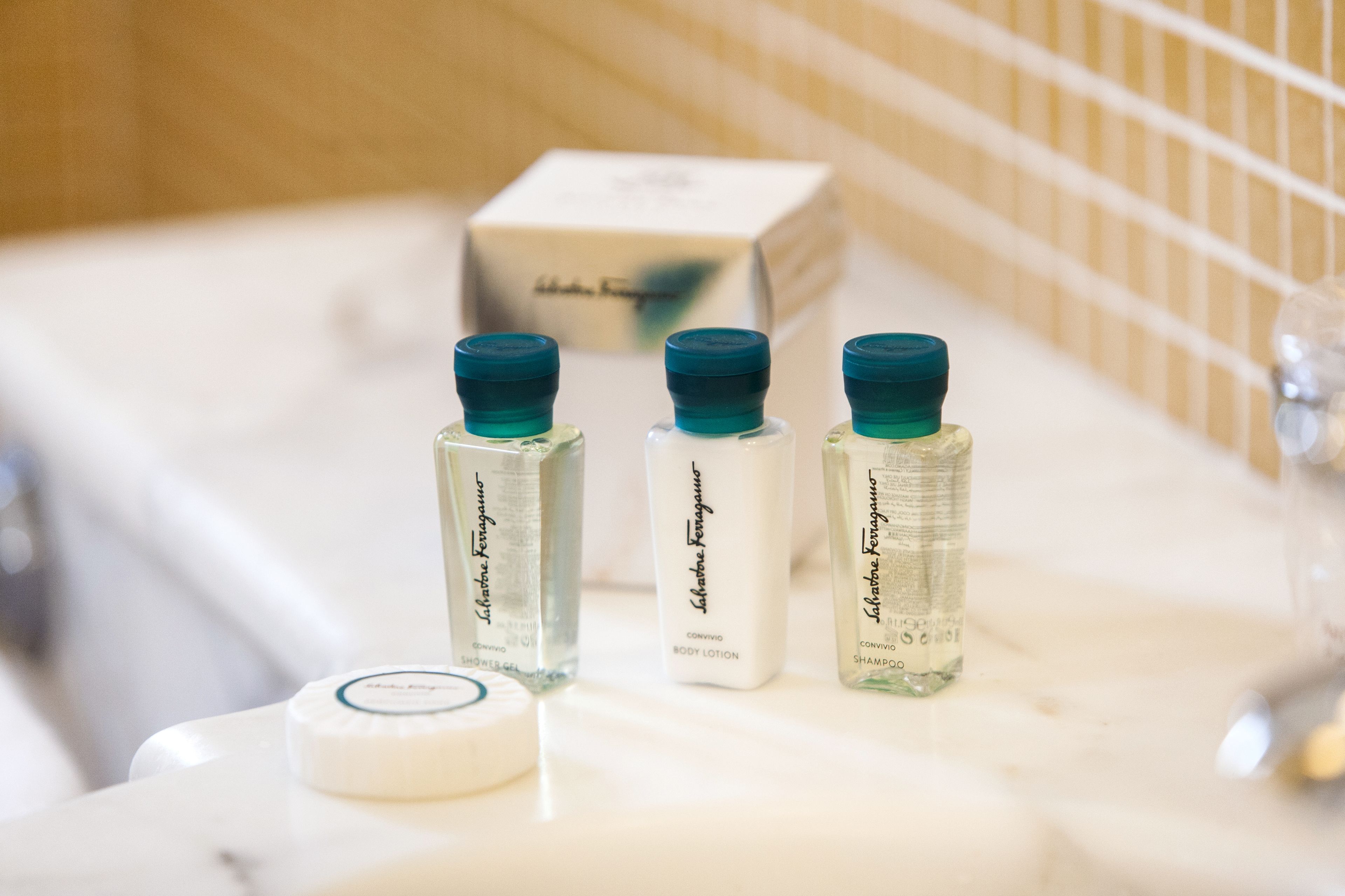 designer toiletries, hair dryer, slippers, bidet