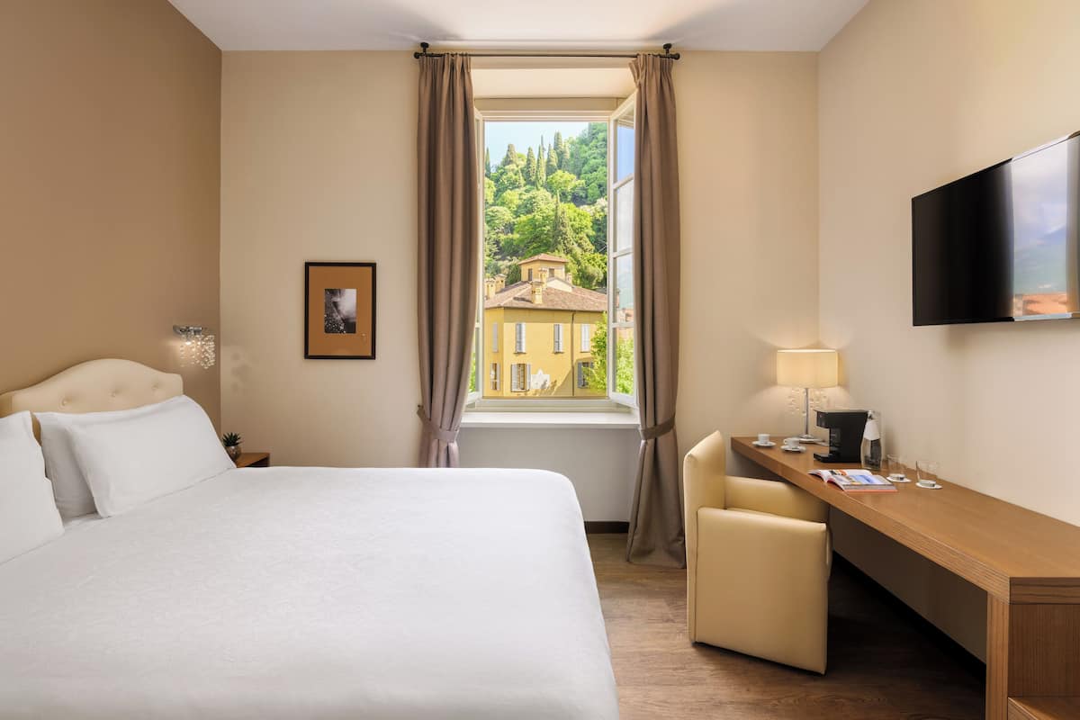 A hotel room with a bed, a desk, a chair, a TV, a window with curtains, and a picture on the wall.
