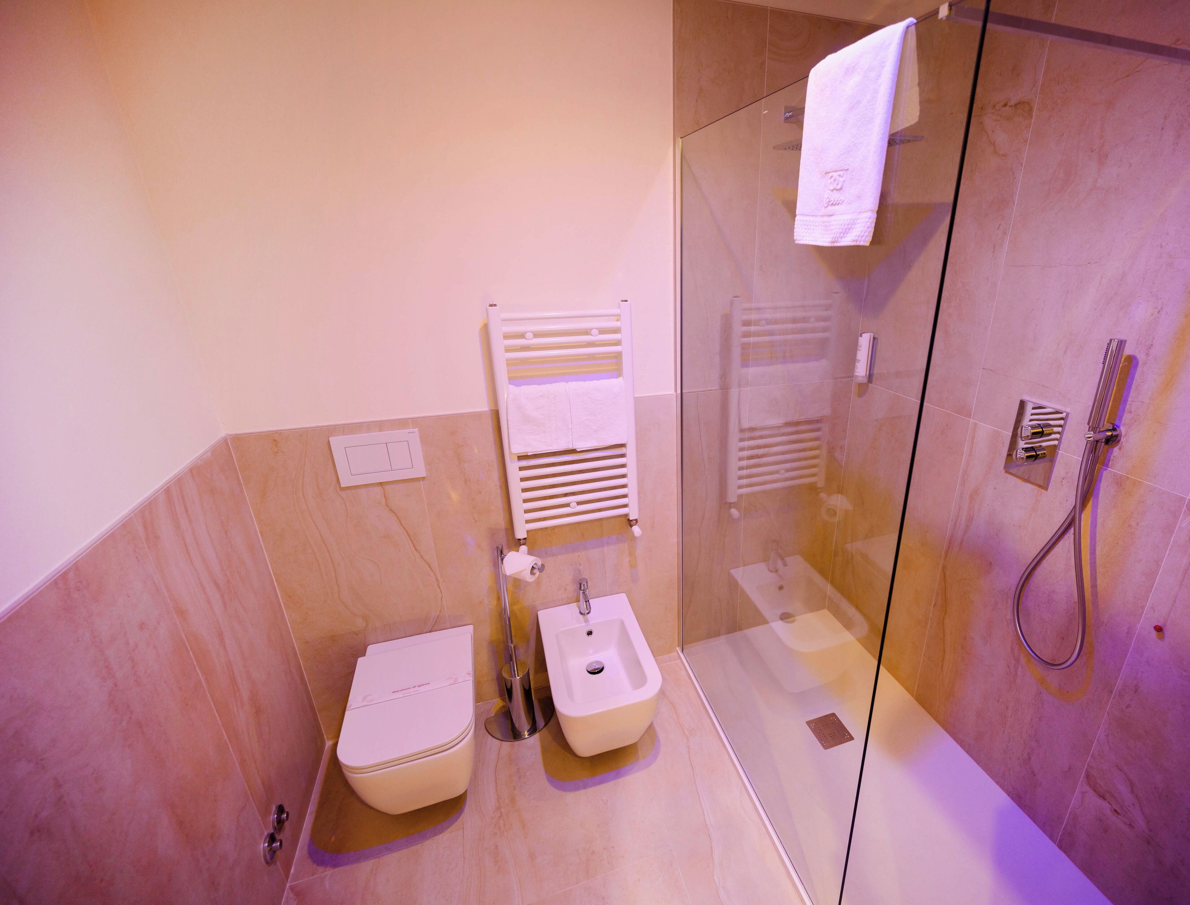 A modern bathroom with a glass-enclosed shower, a toilet, and a bidet.