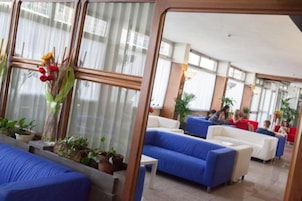 Un moderno vestíbulo de hotel con sofás azules, plantas en macetas y amplias ventanas.