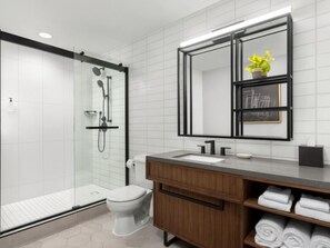 Designer toiletries, hair dryer, towels, soap