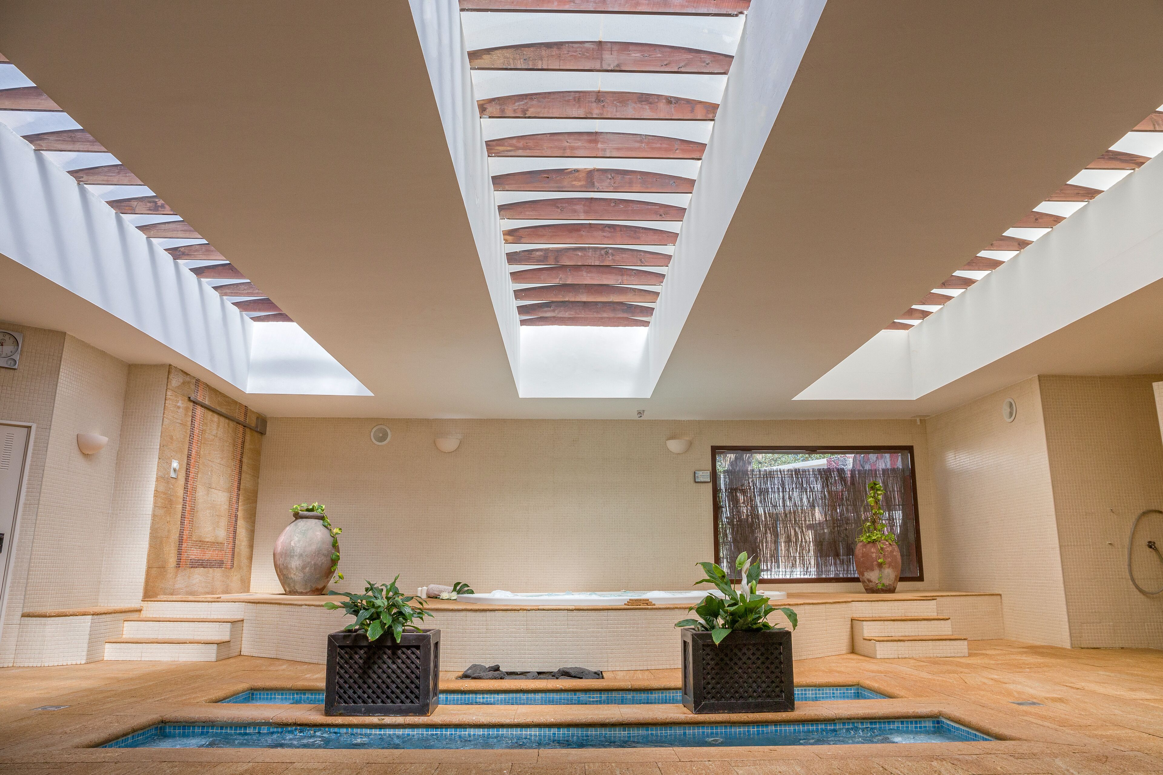 Un moderno espacio de spa con un tragaluz grande, una bañera de hidromasaje y dos plantas en macetas.