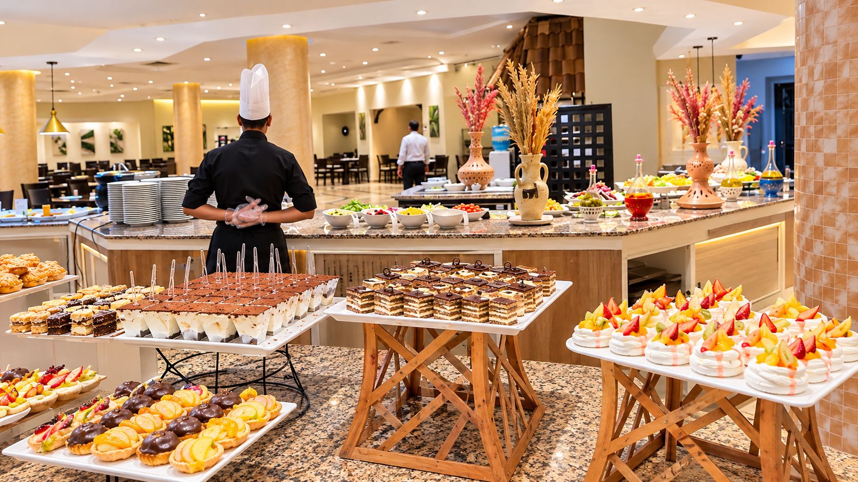 Una mesa de buffet con diversos postres y frutas.