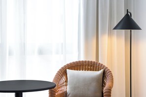 Minibar, desk, laptop workspace, blackout curtains