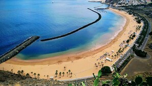 Une plage côtière dotée d’une digue incurvée, d’un rivage sablonneux et d’une route bordée de palmiers.