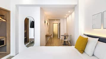 Minibar, desk, laptop workspace, blackout curtains