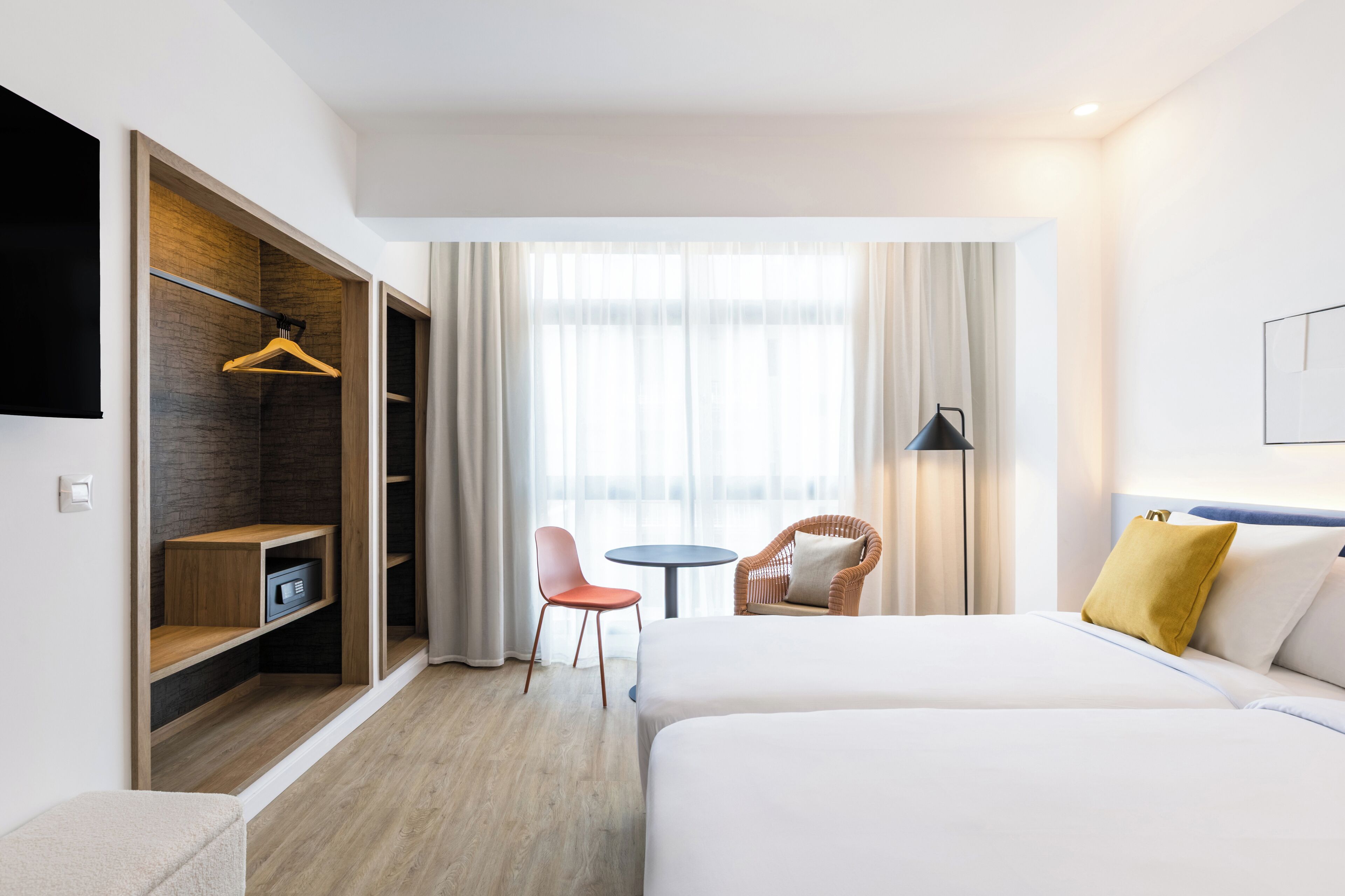 Minibar, desk, laptop workspace, blackout drapes