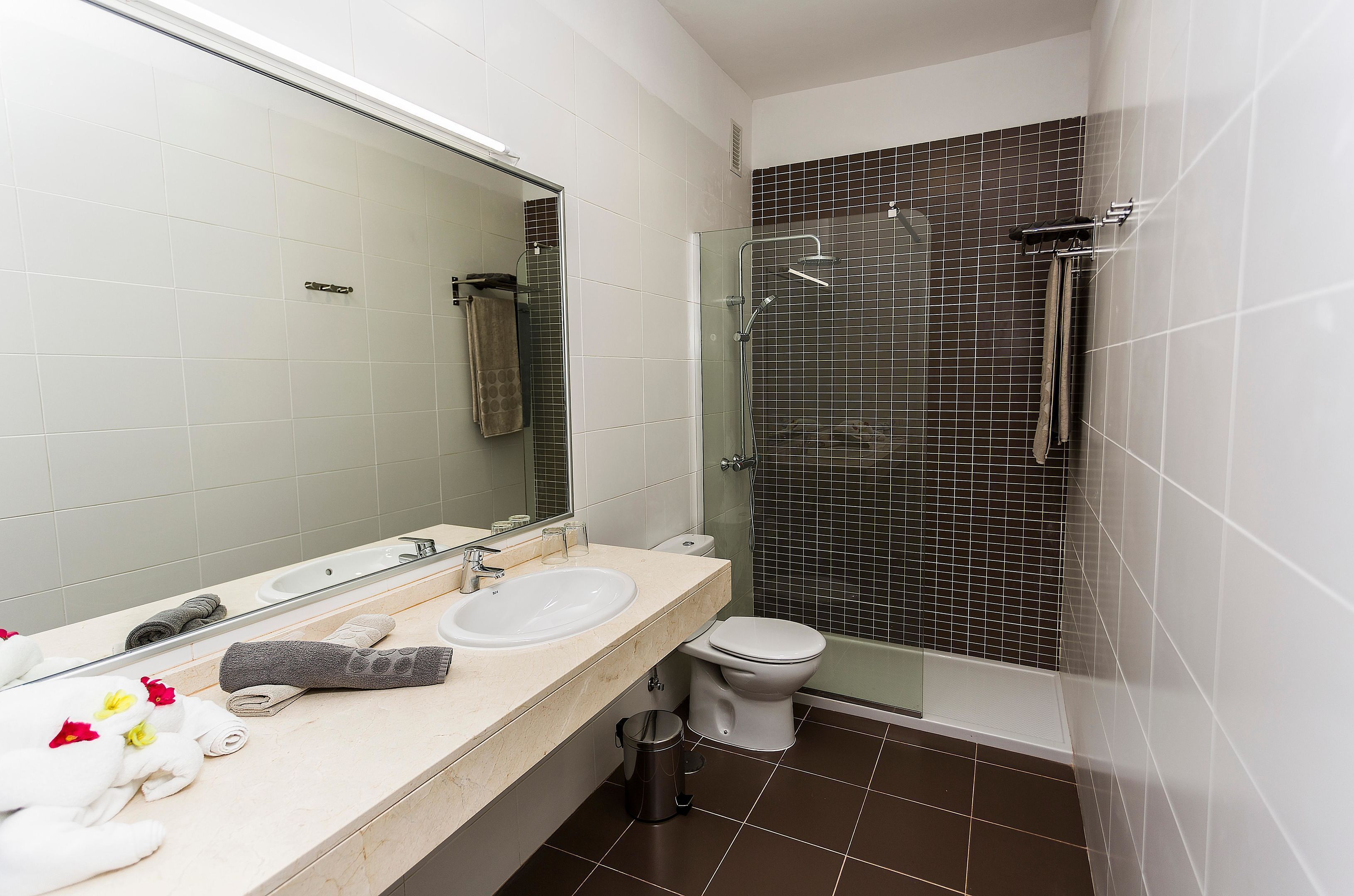 Un bany amb un lavabo, mirall, vàter i plat de dutxa.