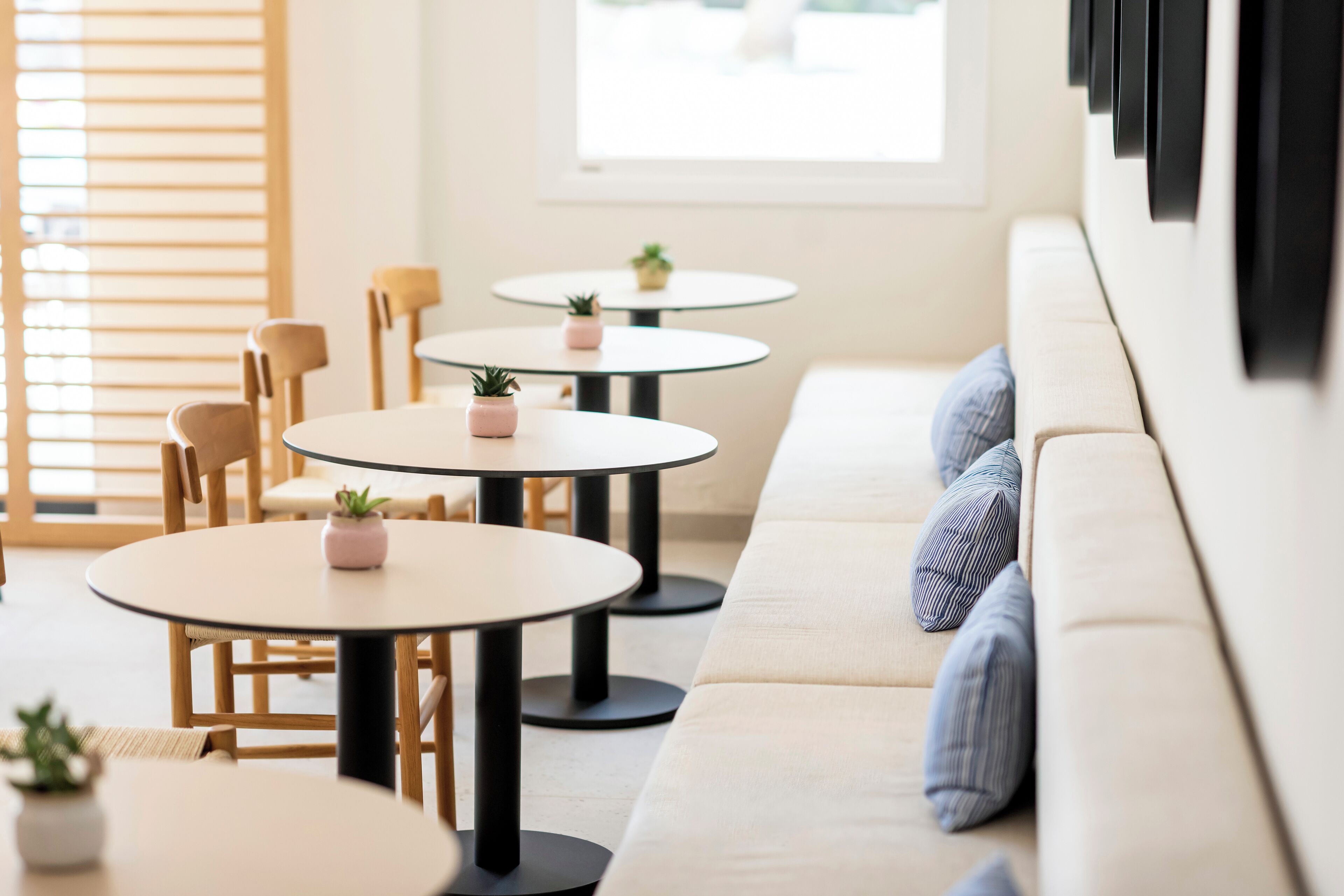 A modern interior with round tables, cushioned seating, and small potted plants.