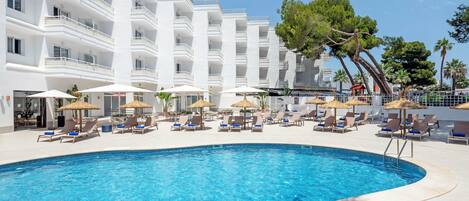 Seasonal outdoor pool, open 9:00 AM to 8:00 PM, pool umbrellas