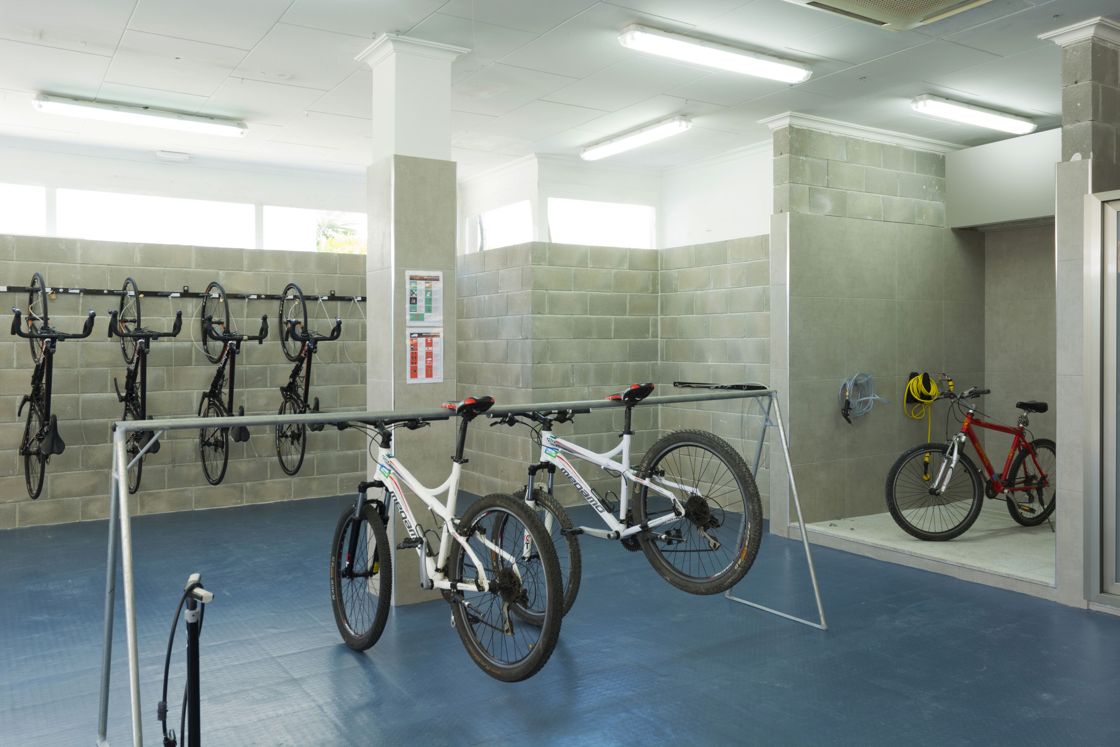 A bike rental area with multiple bicycles, a metal bike rack, and a blue floor.