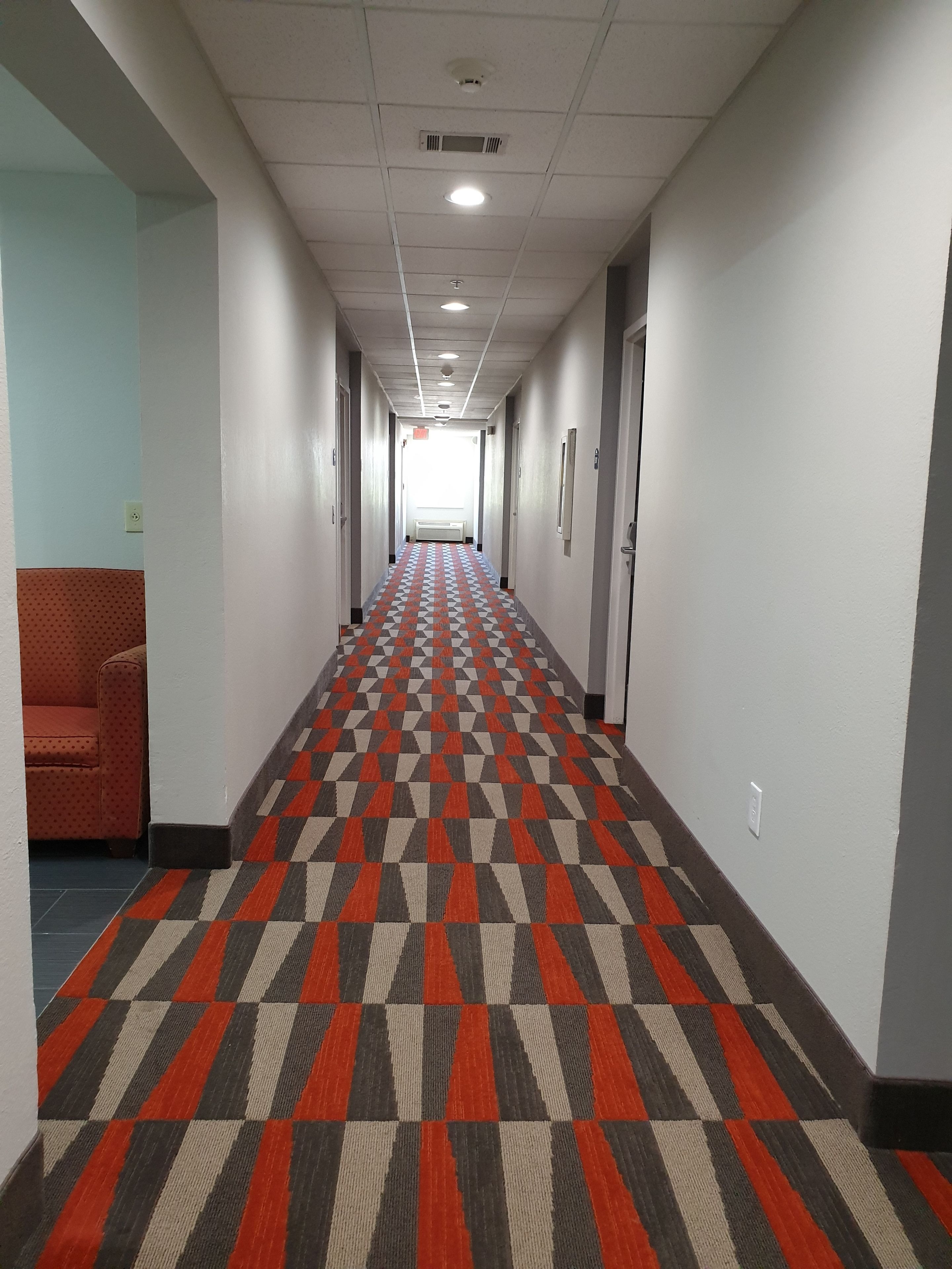 Un couloir avec un tapis à motifs, des murs blancs et des portes de part et d’autre.