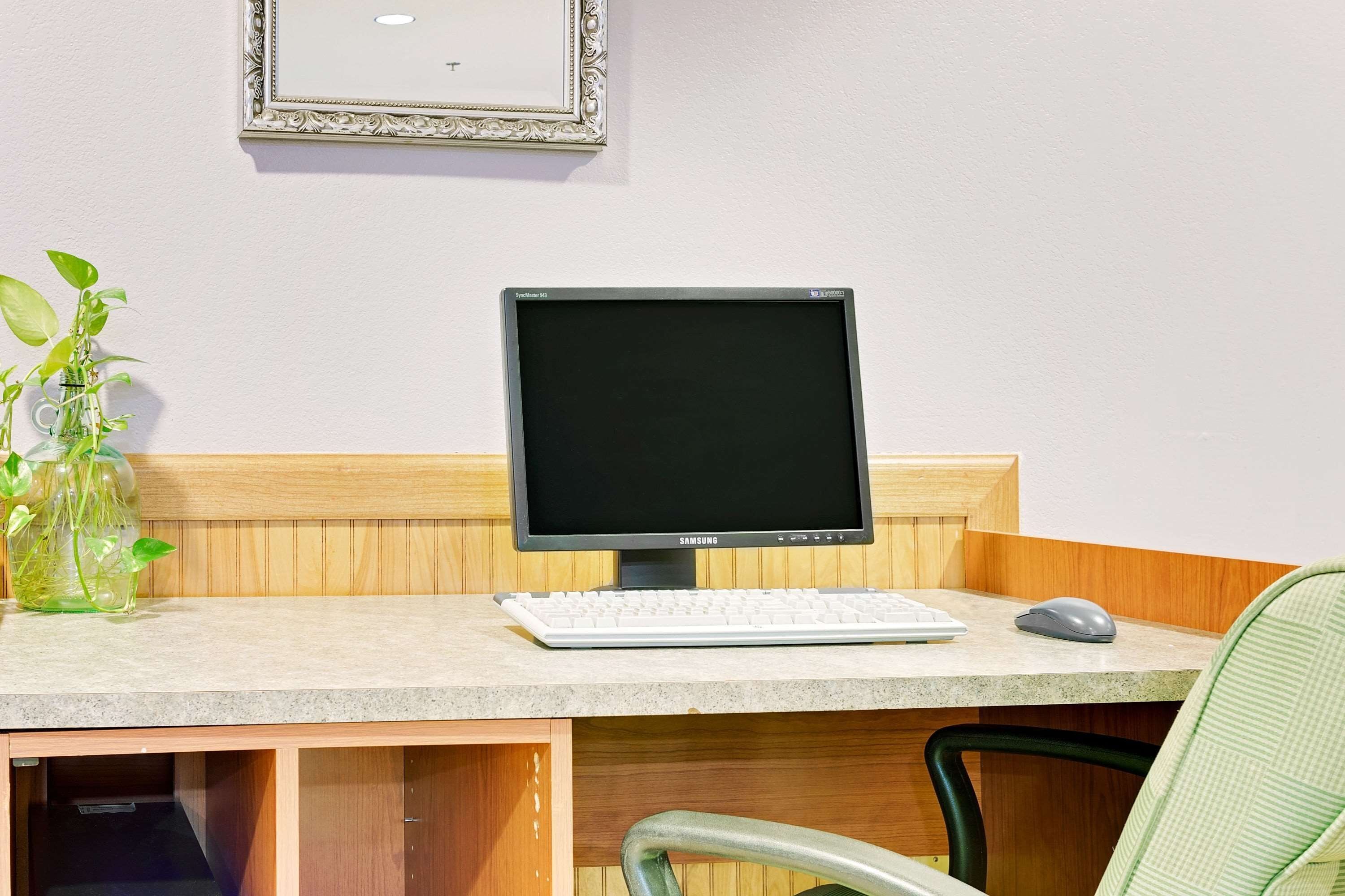 Ein Computertisch mit einem Samsung-Monitor, Tastatur und Maus. An der Wand hängt ein gerahmtes Bild und auf dem Tisch steht ein Blumentopf.