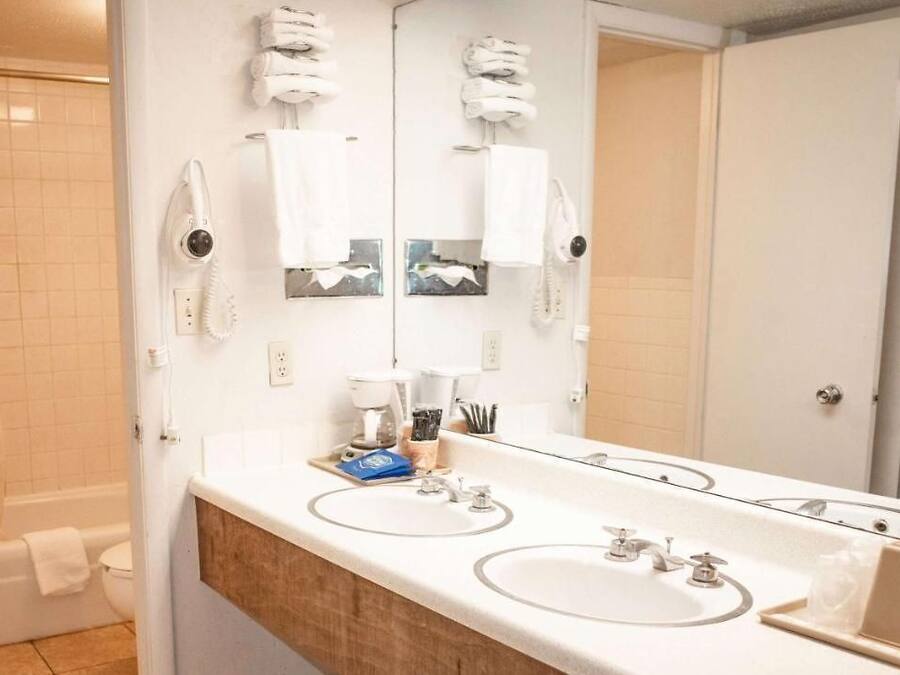 Ein Badezimmer mit zwei Waschbecken, einer Dusche und einem großen Spiegel.