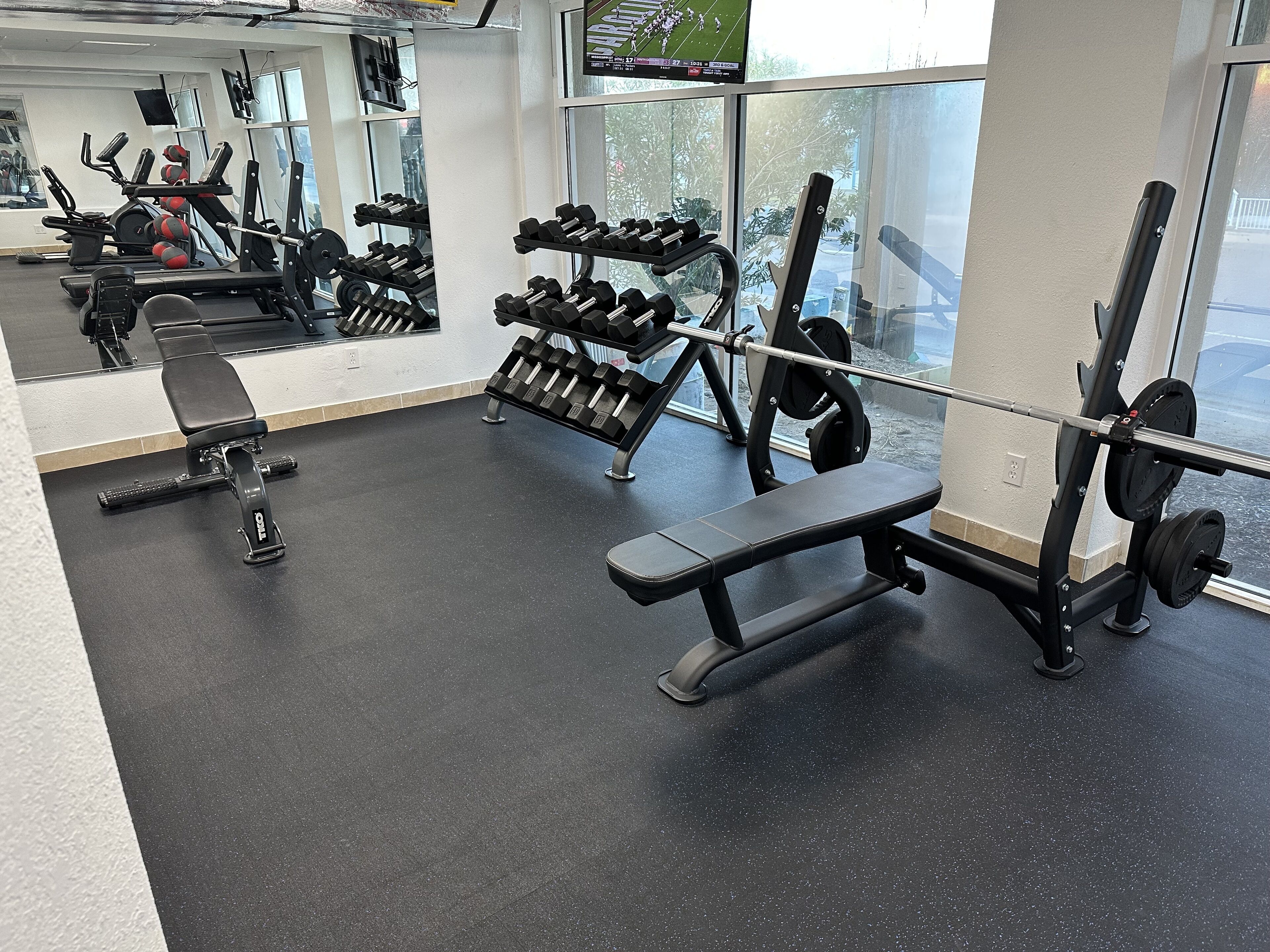A gym with various exercise equipment, including dumbbells, a bench, and a squat rack.